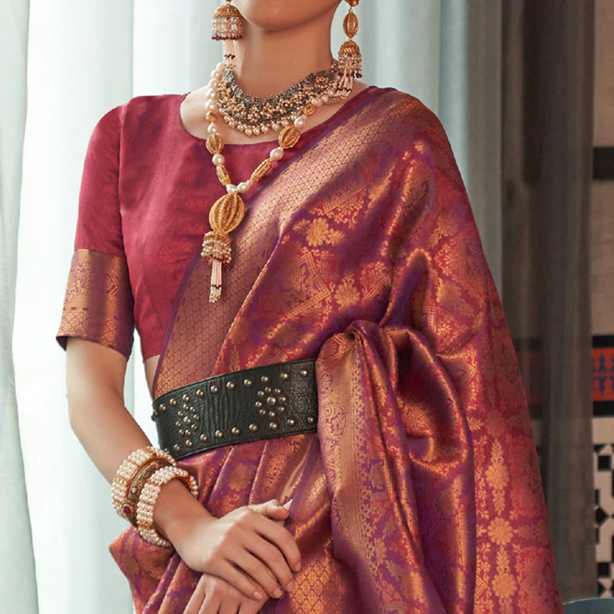 Purple Woven Art Silk Saree With Tassels
