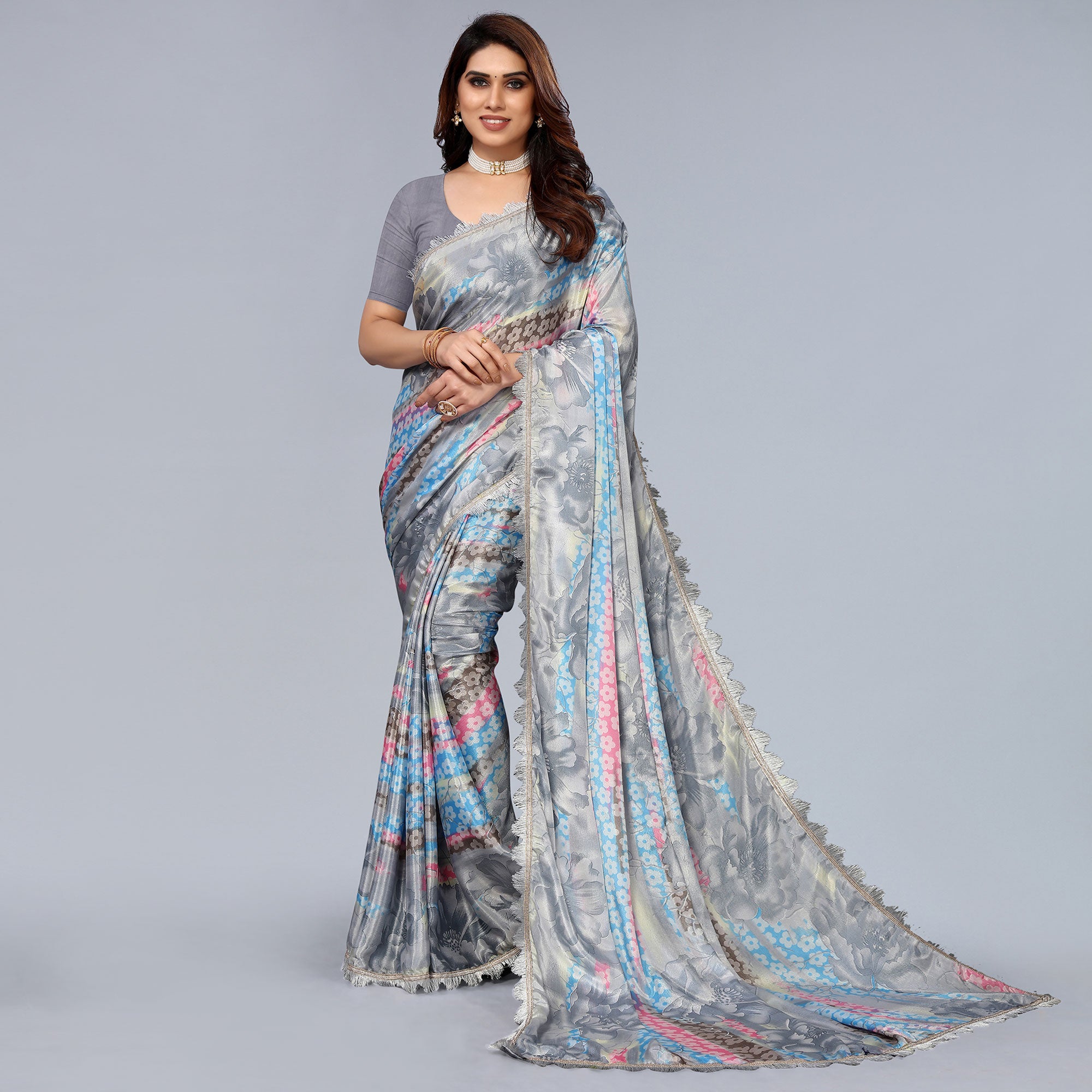 Grey Floral Printed Art Silk Saree With Crochet Border