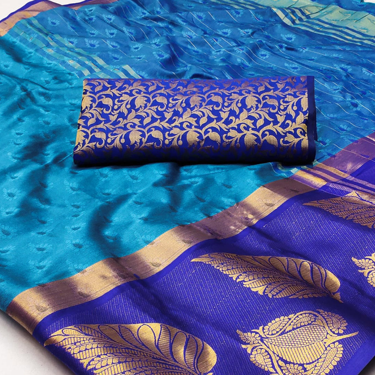 Sky Blue Woven Cotton Silk Saree With Tassels