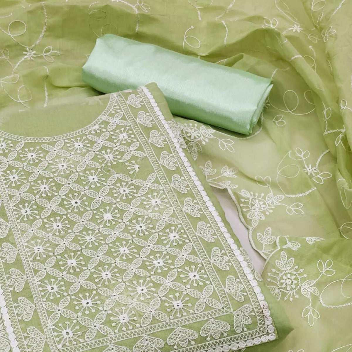 Green Floral Embroidered Chanderi Dress Material