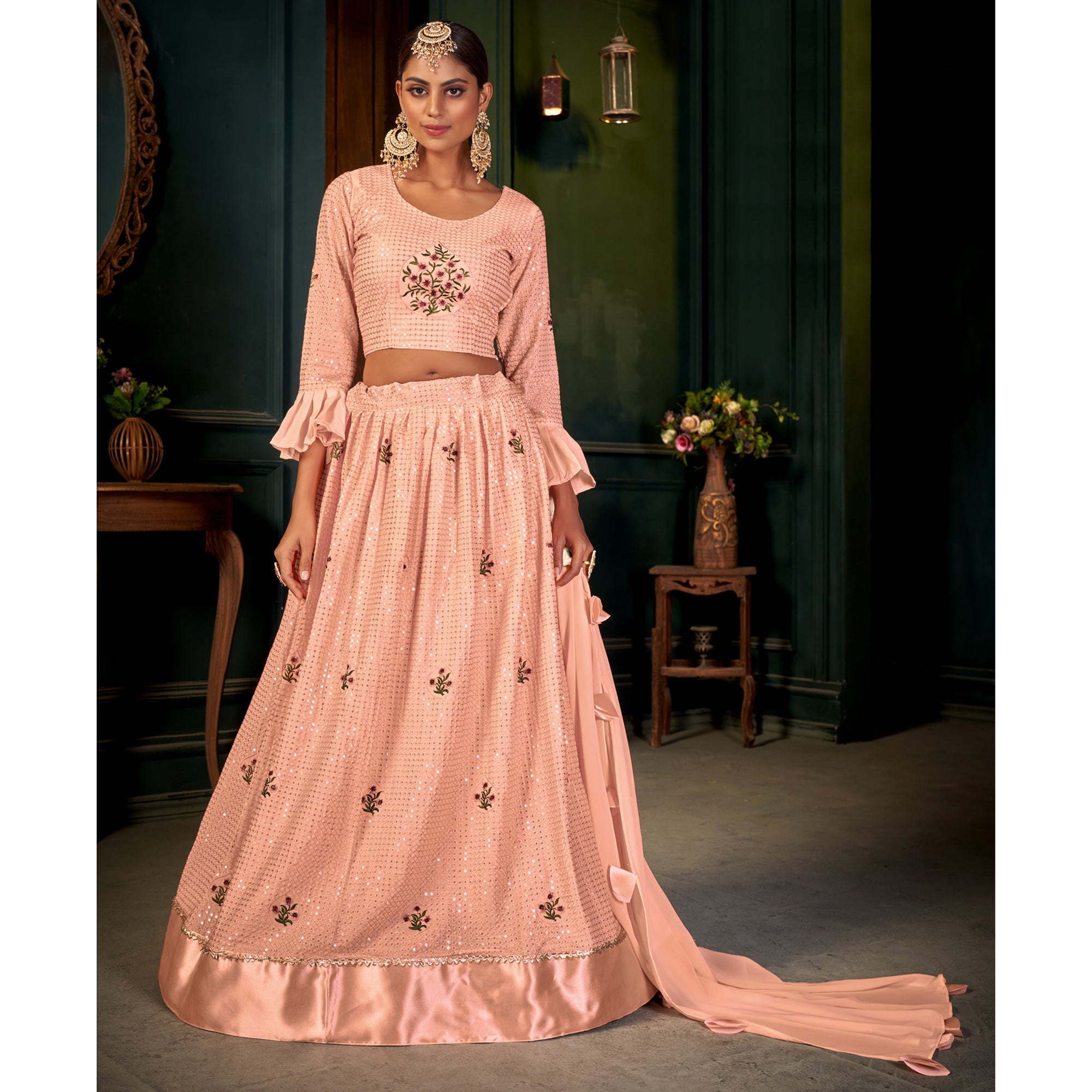 Peach Sequins Embroidered Georgette Lehenga Choli