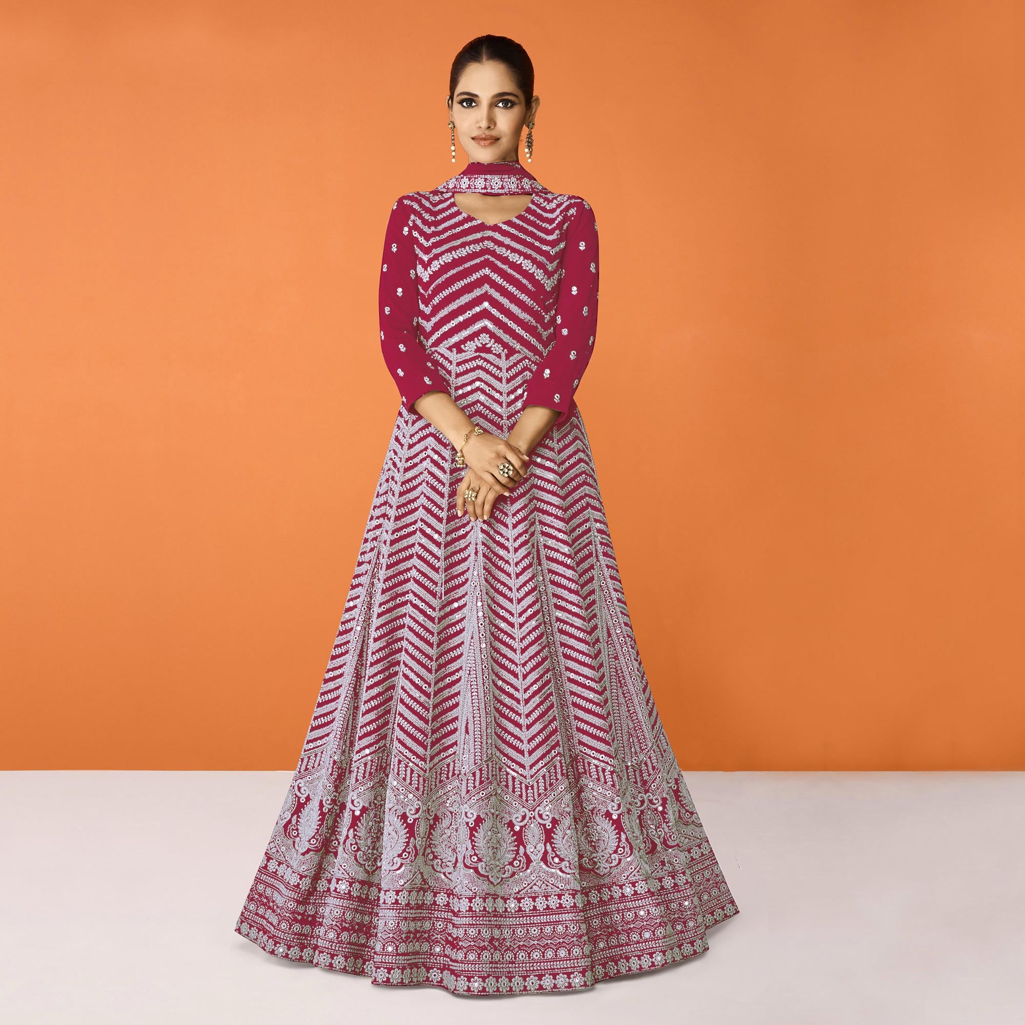 Maroon Sequins Embroidered Georgette Semi Stitched Anarkali Suit