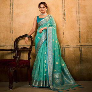 Turquoise Woven Tissue Saree