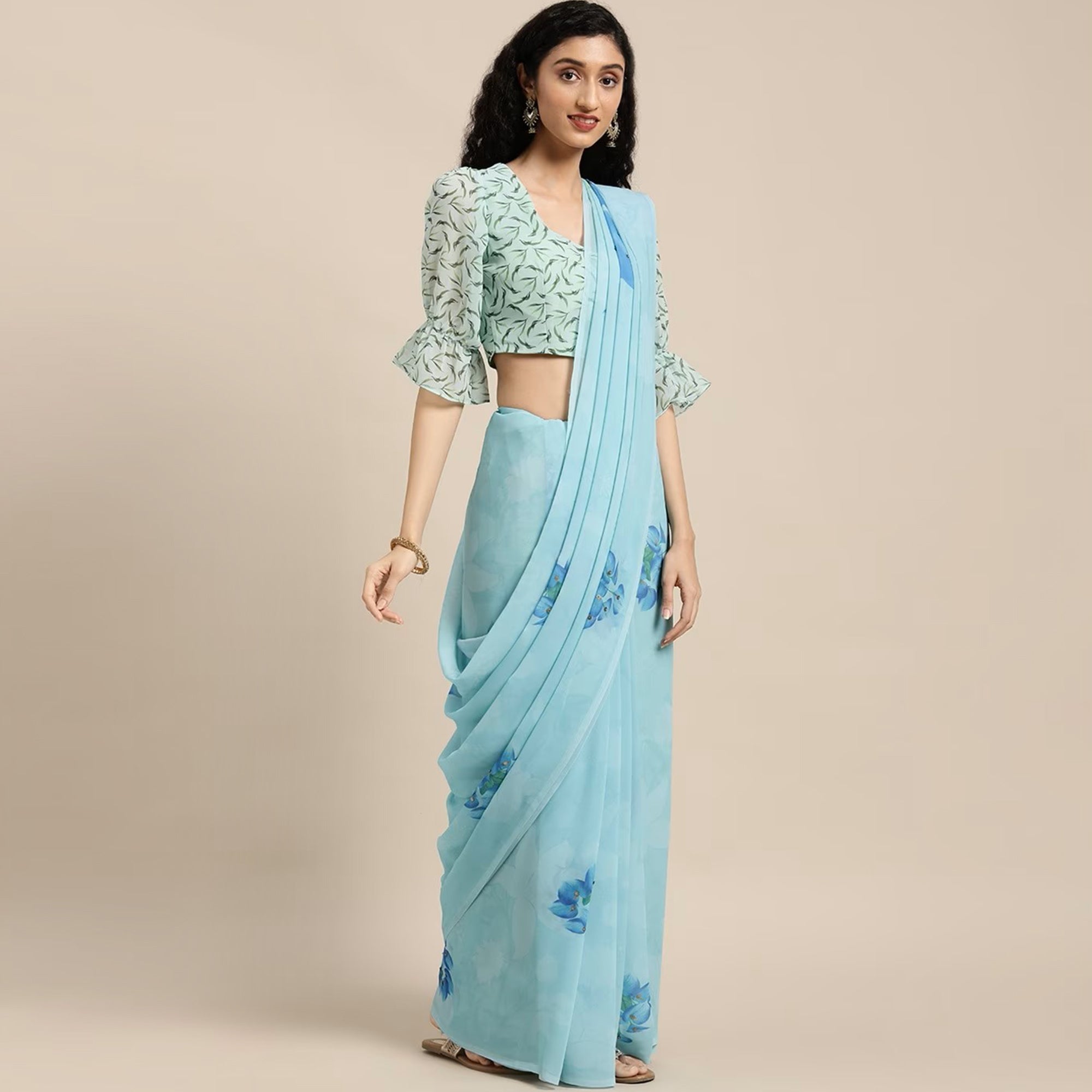 Sky Blue Floral Digital Printed Georgette Saree