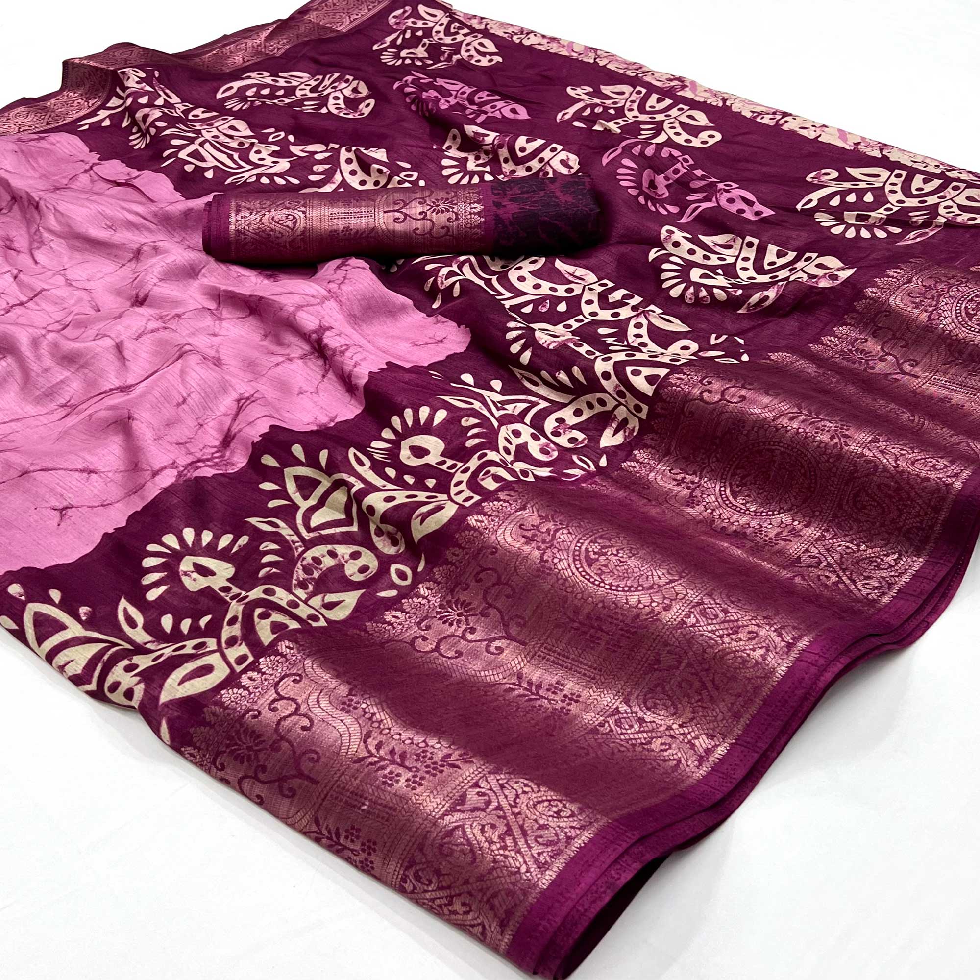 Pink Floral Printed With Woven Dola Silk Saree