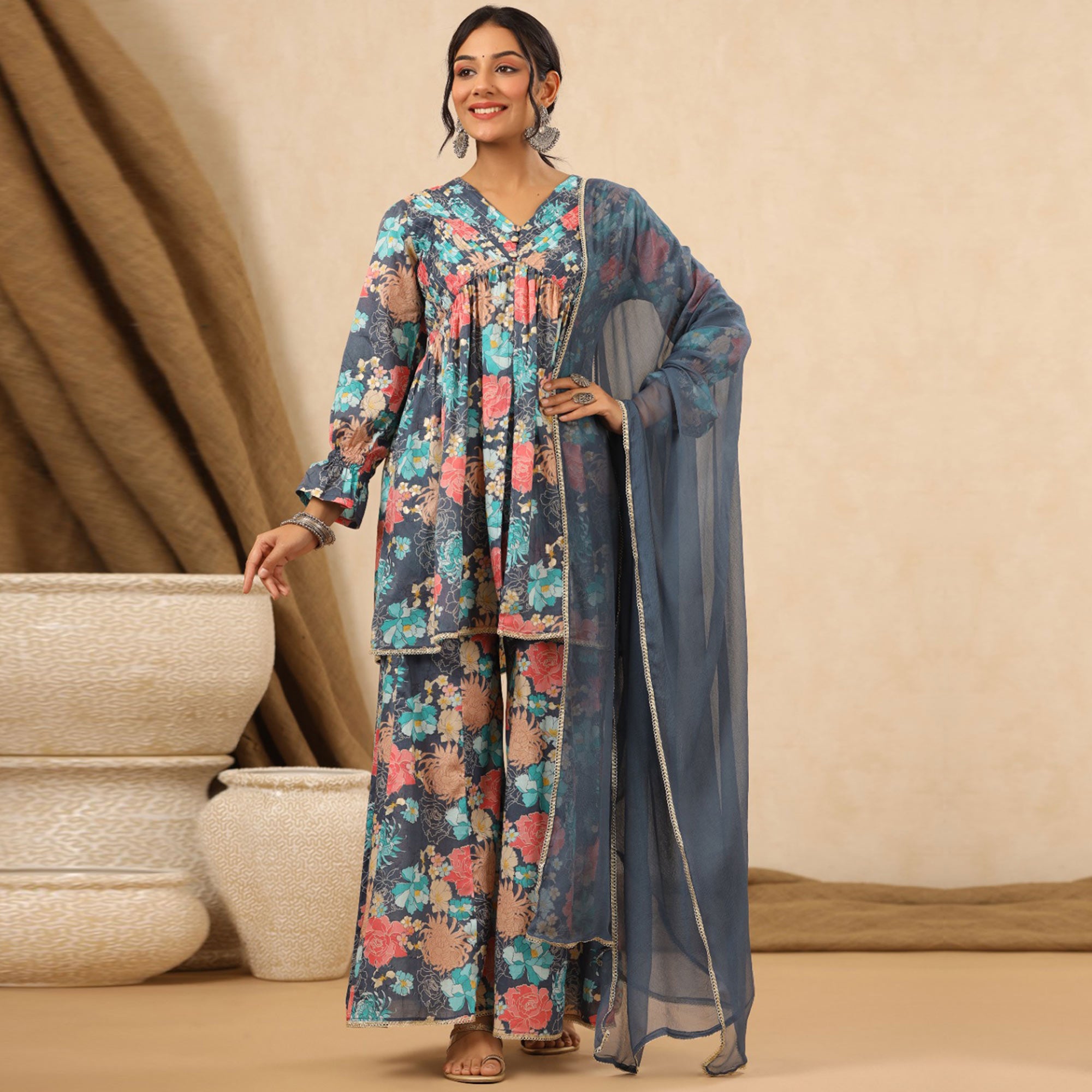 Grey Floral Printed Muslin Sharara Suit