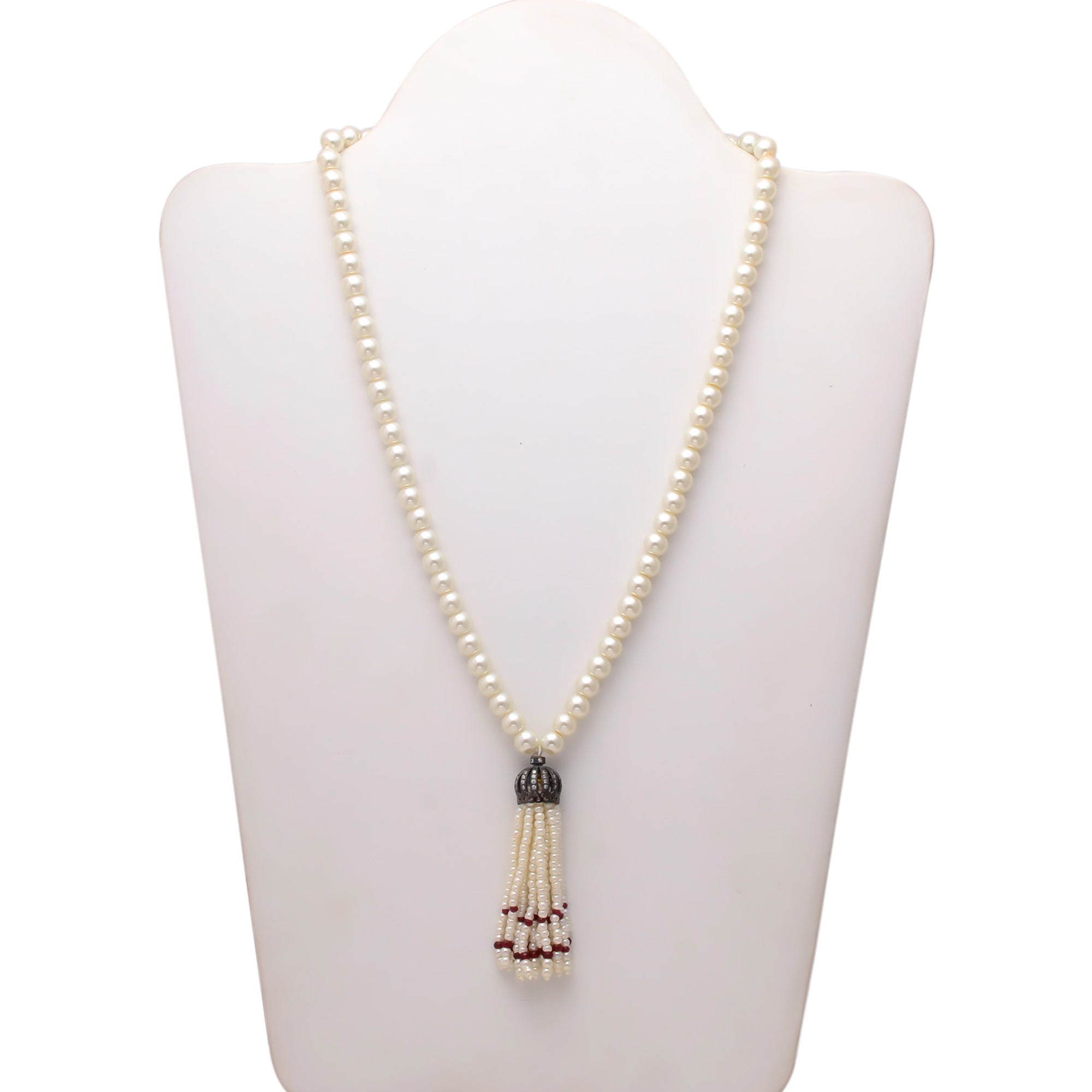 White Pearl Mala With Red Hangings