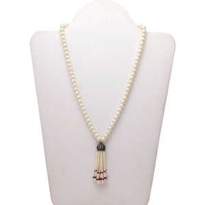 White Pearl Mala With Red Hangings