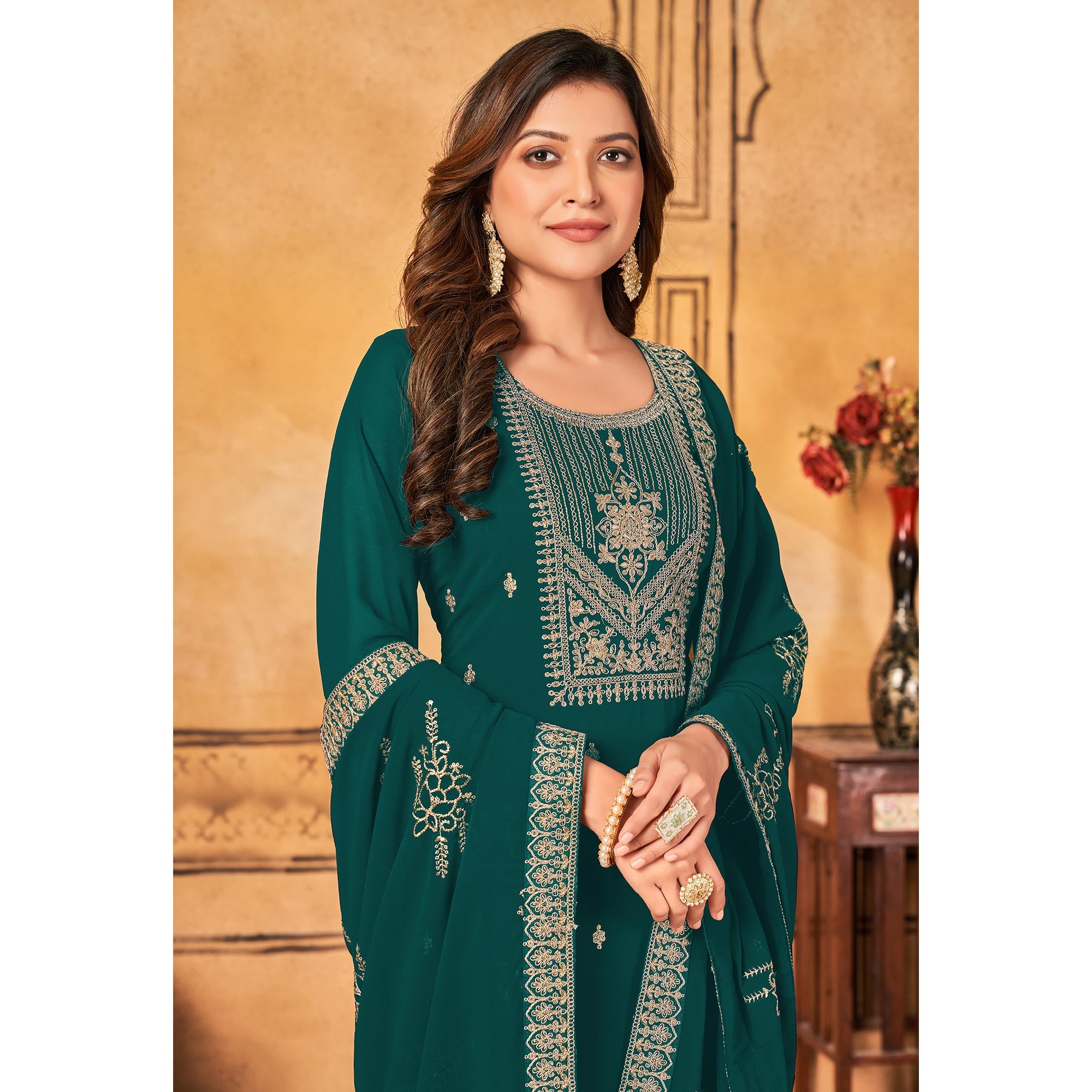 Green Floral Embroidered Georgette Salwar Suit