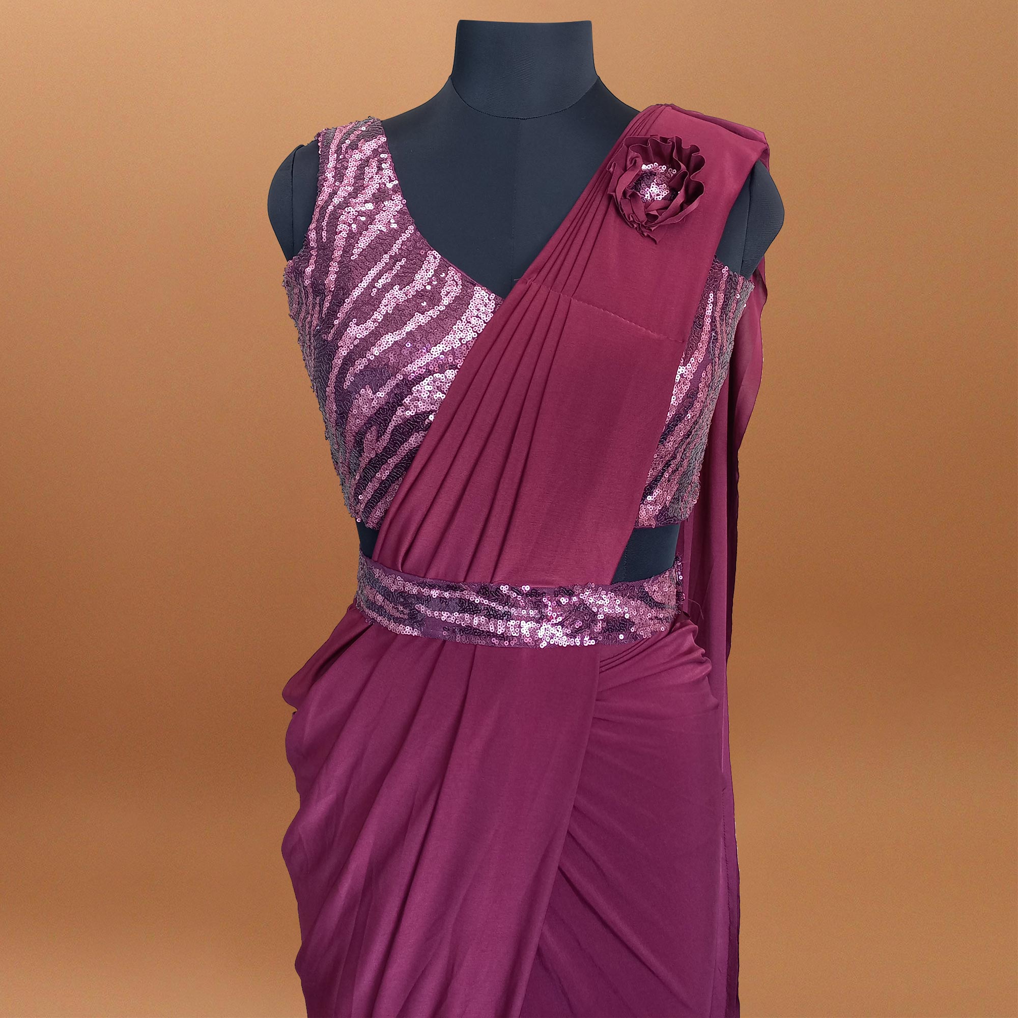 Wine Solid With Sequins Ready to Wear Lycra Saree