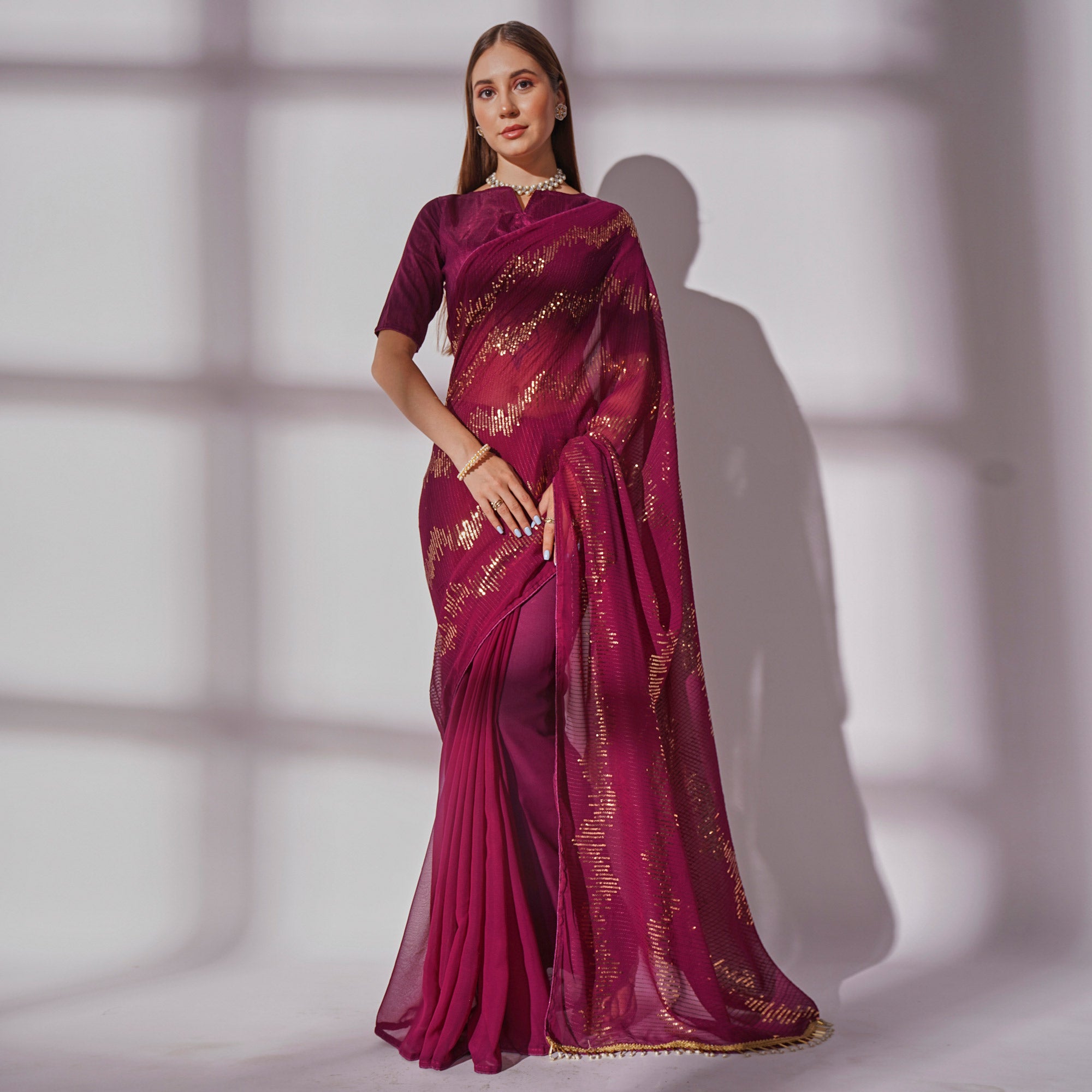 Wine Sequins Embroidered Georgette Saree