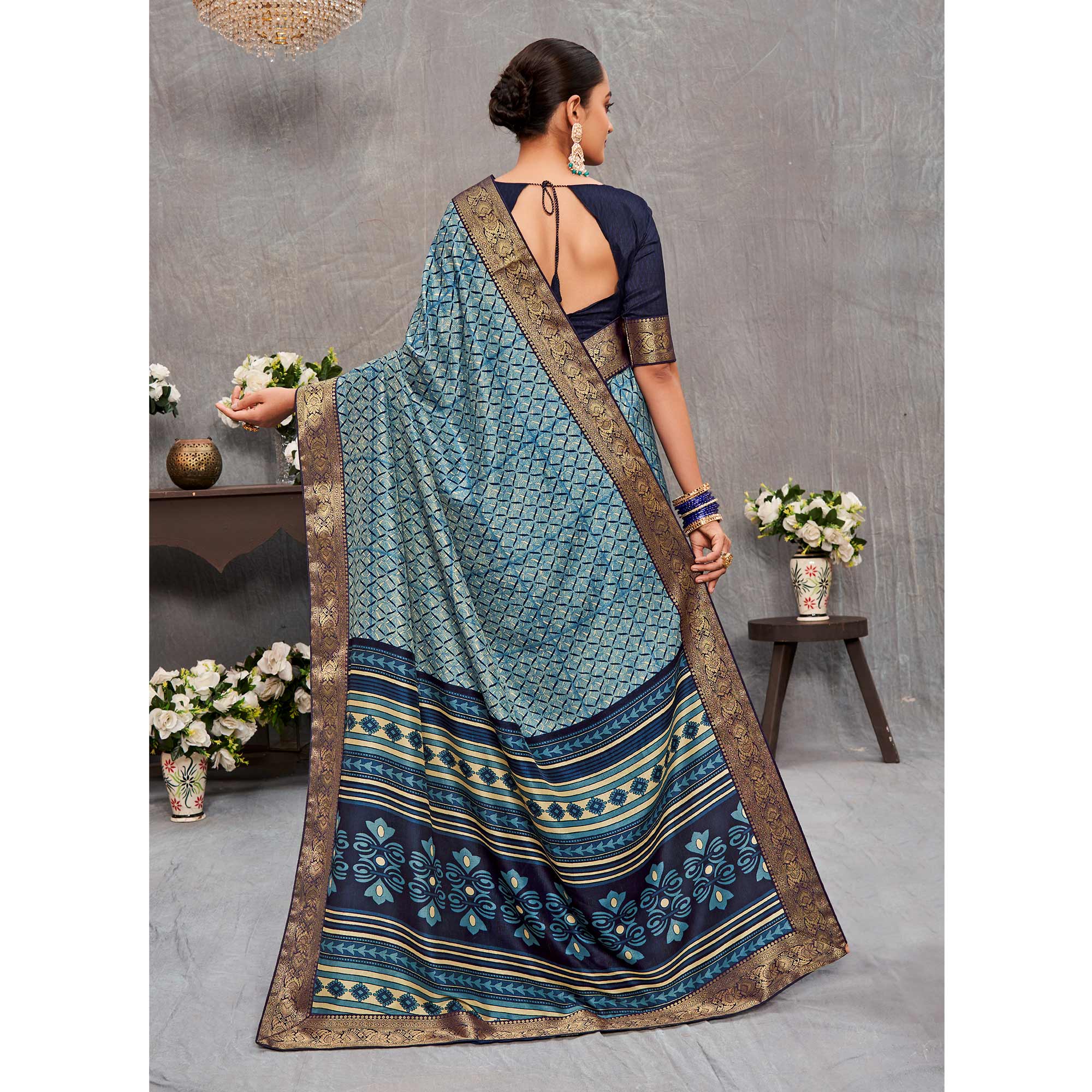 Multicolor Printed With lace Border Tussar Silk Saree