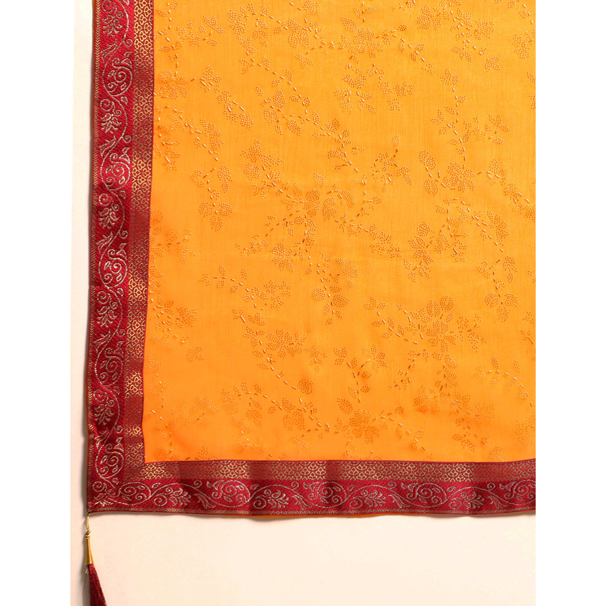 Yellow Floral Foil Printed Shimmer Saree