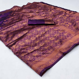 Purple Woven Jacquard Saree With Tassels
