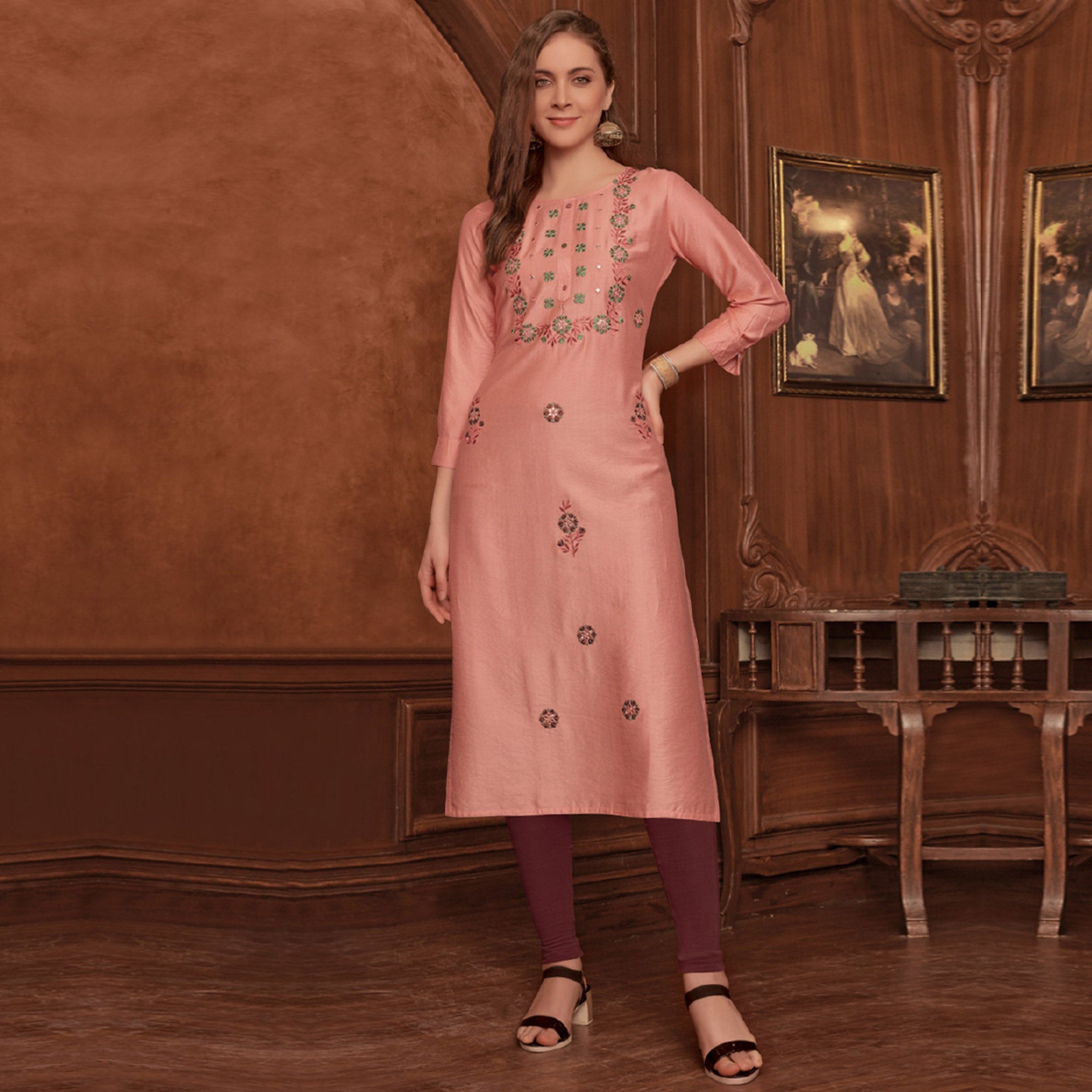 Peach Floral Embroidered Rayon Kurti