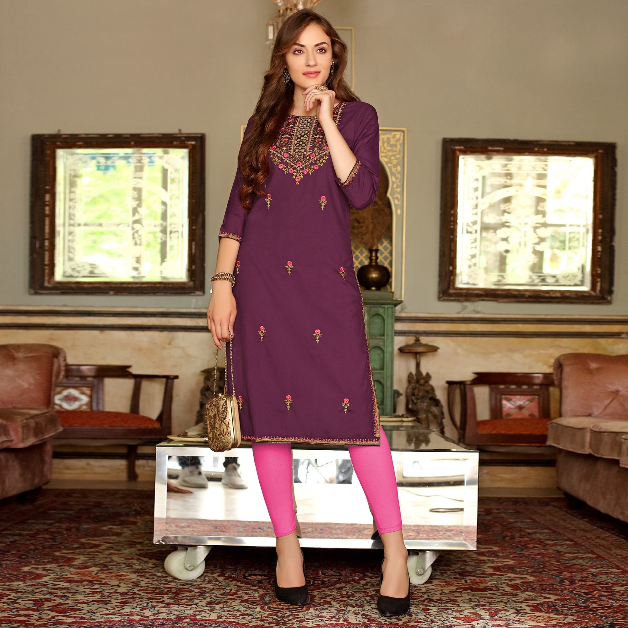 Purple Floral Embroidered Muslin Kurti