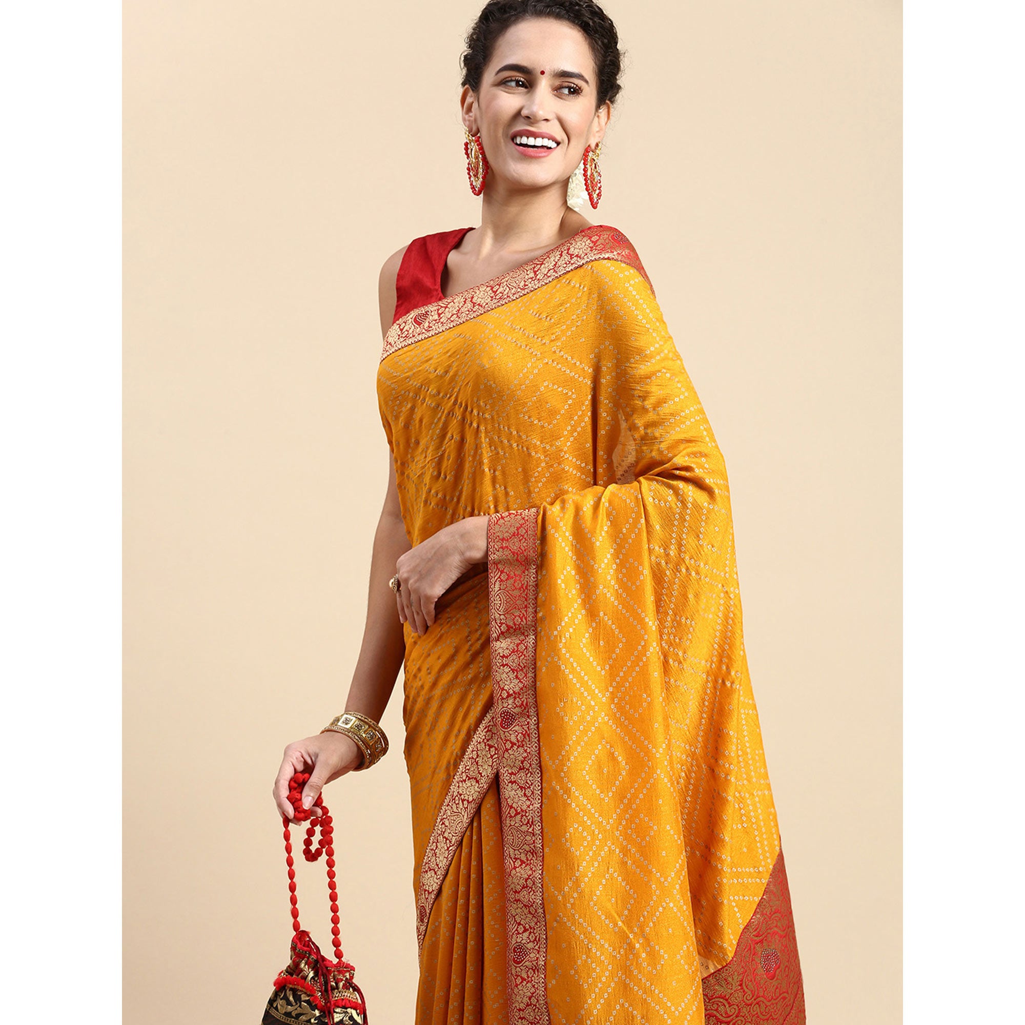 Yellow Foil Printed With Swarovski Vichitra Silk Saree