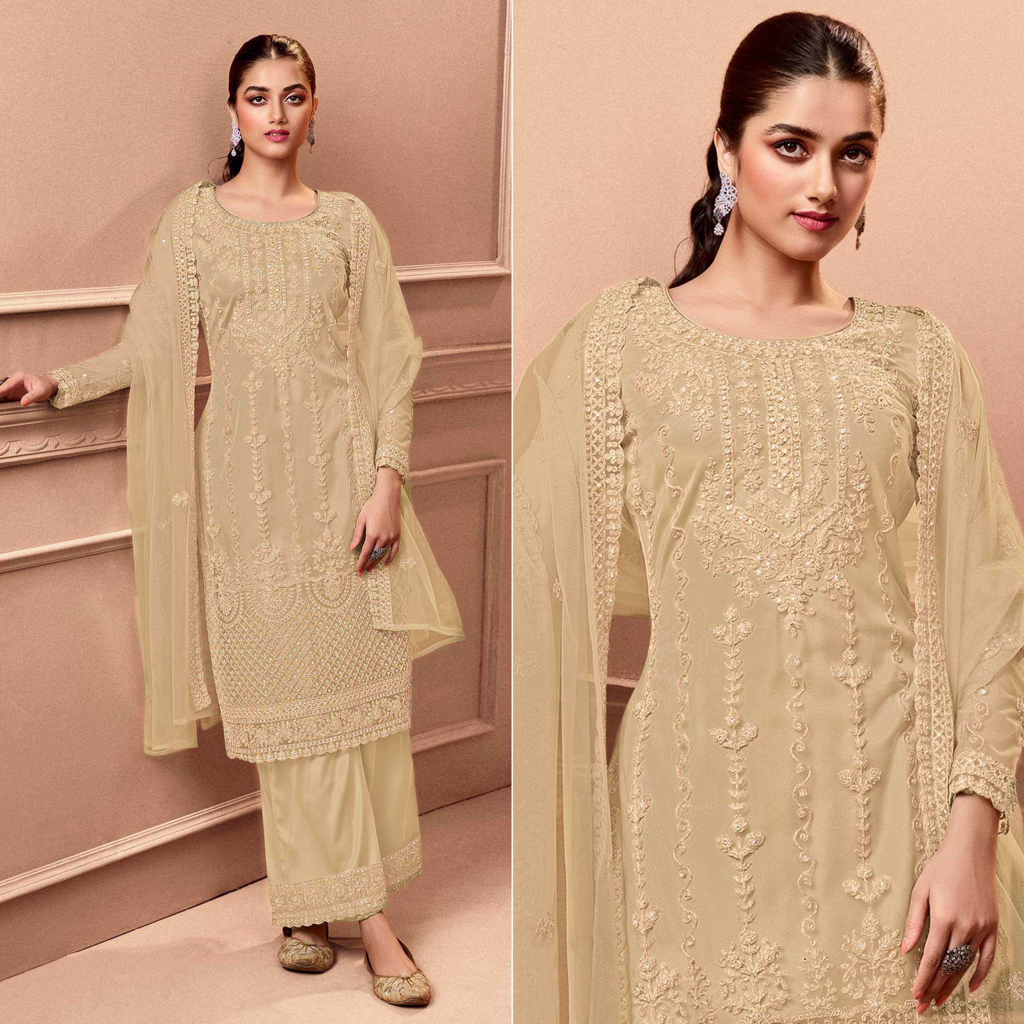 Beige Floral Embroidered Netted Pakistani Suit