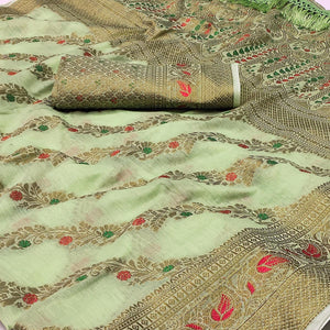 Green Woven Cotton Blend Saree With Tassels