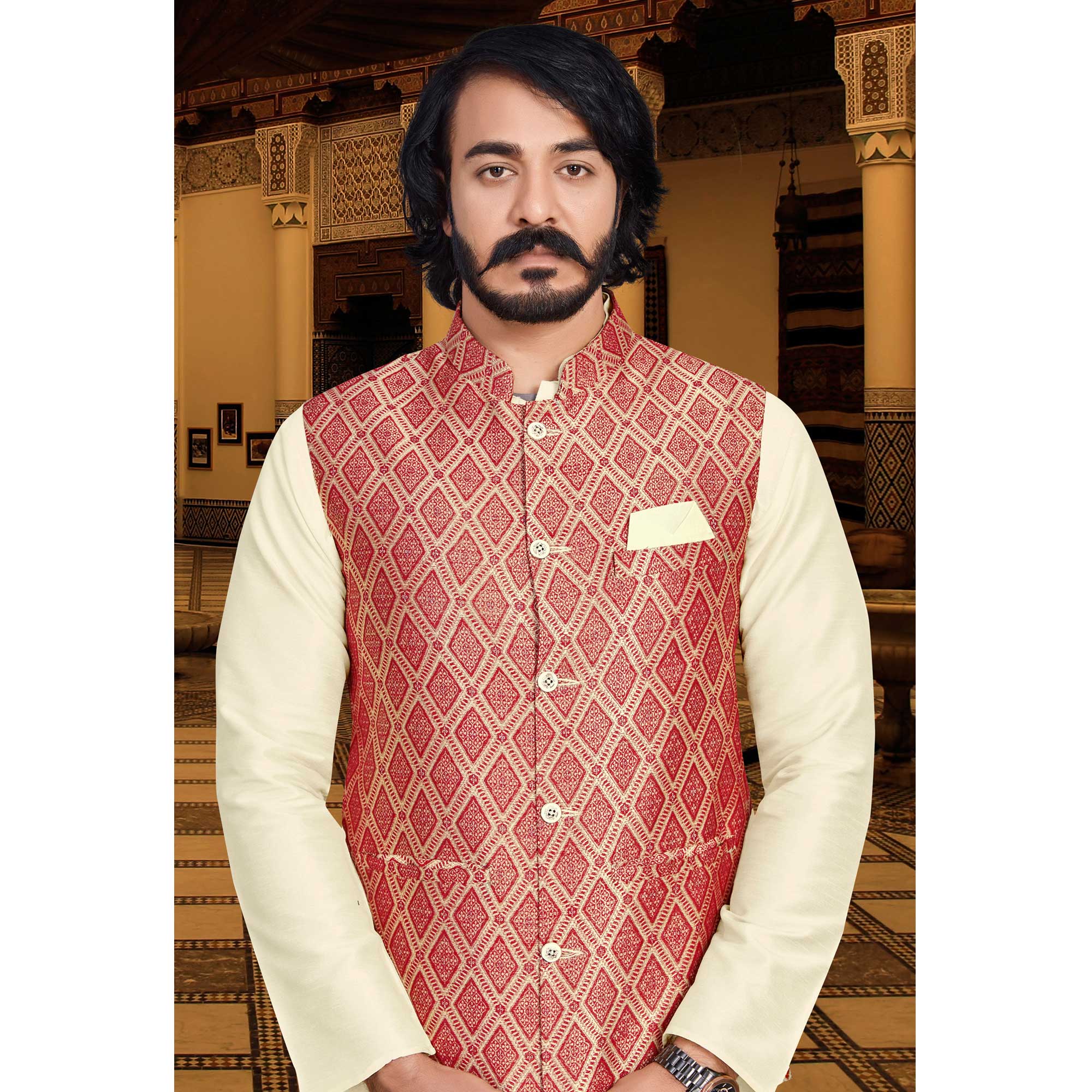 Cream Red Woven Art Silk Kurta Pyjama Set With Jacket