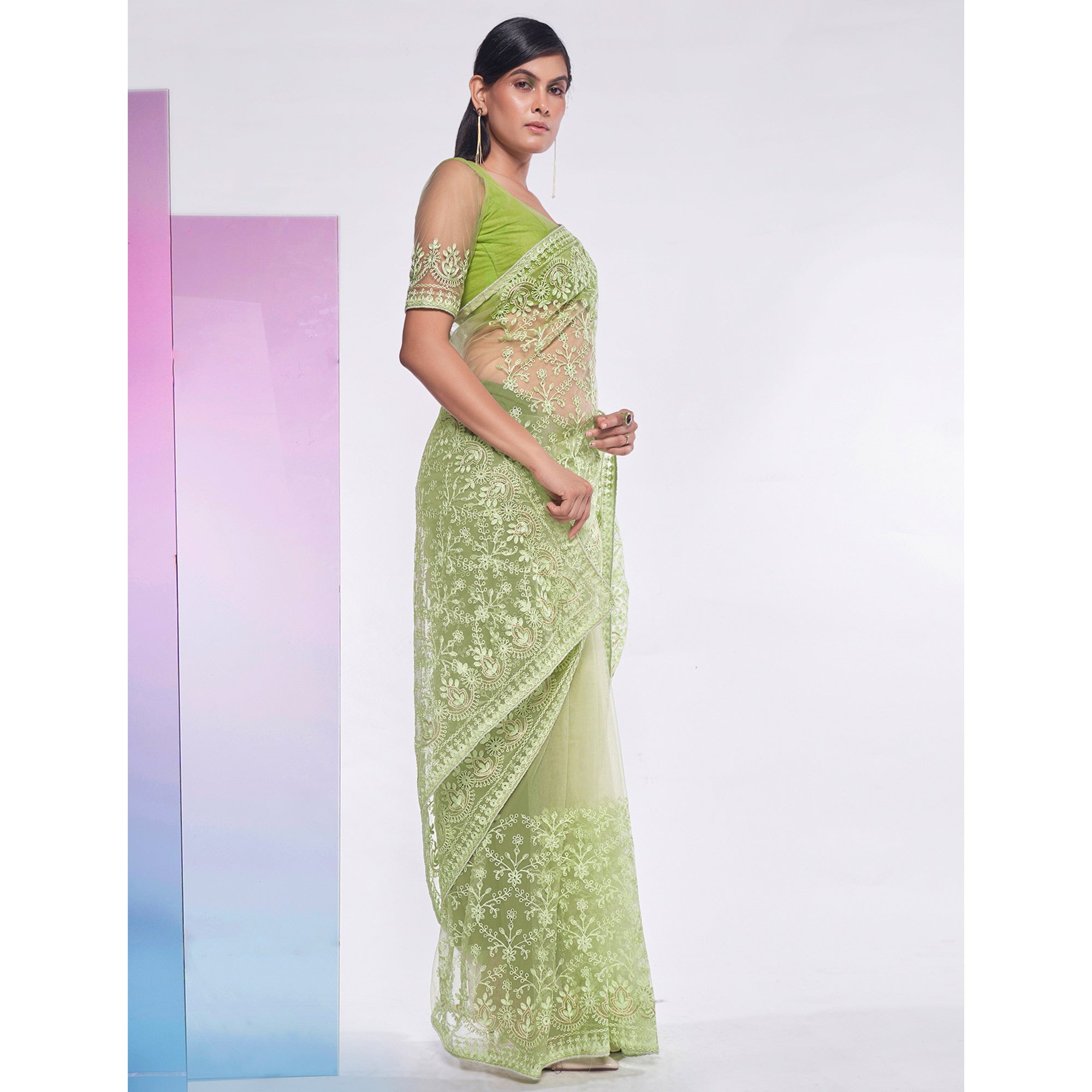 Green Floral Embroidered Net Saree