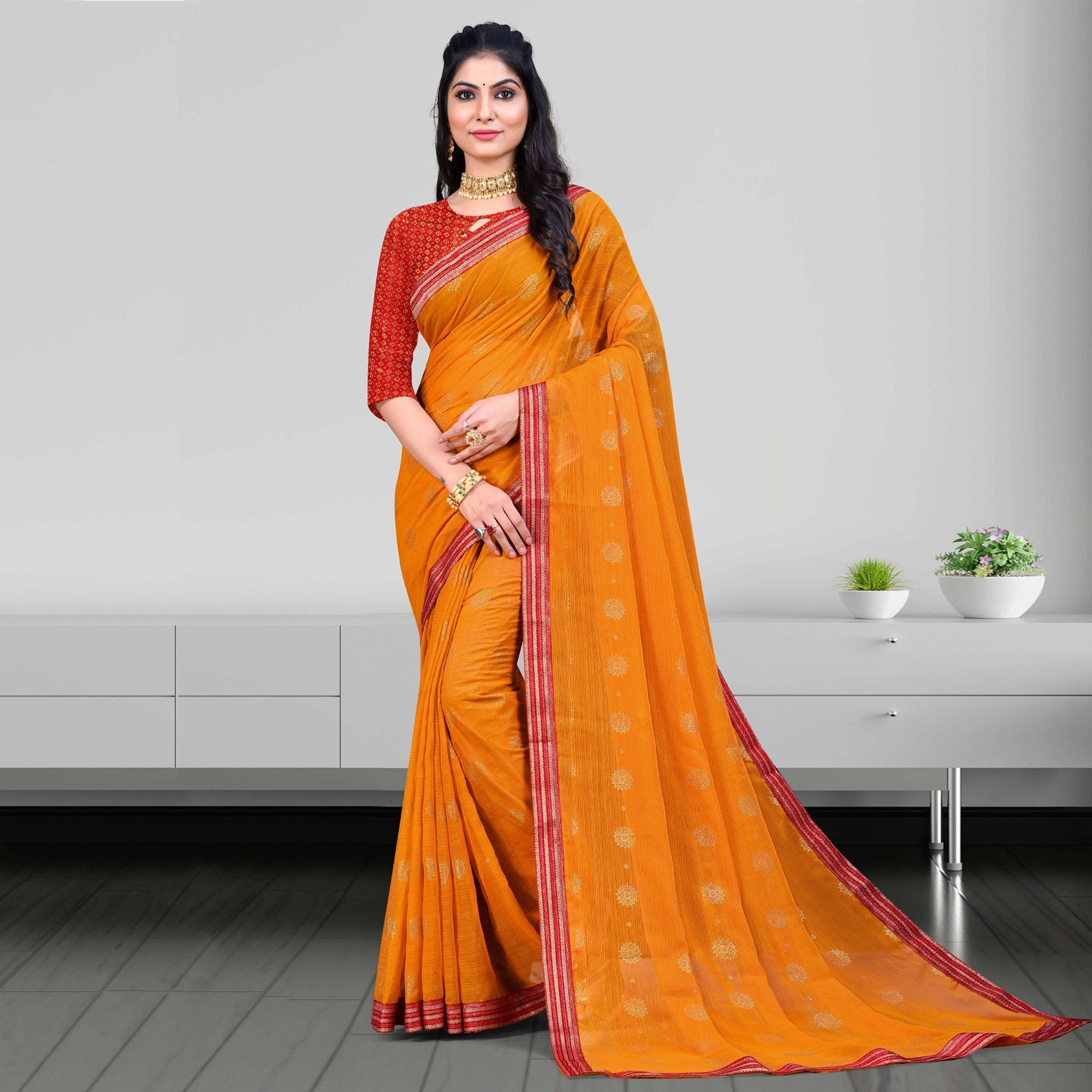 Orange Woven Chiffon Saree