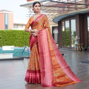 Brown Floral Digital Printed Cotton Blend Saree