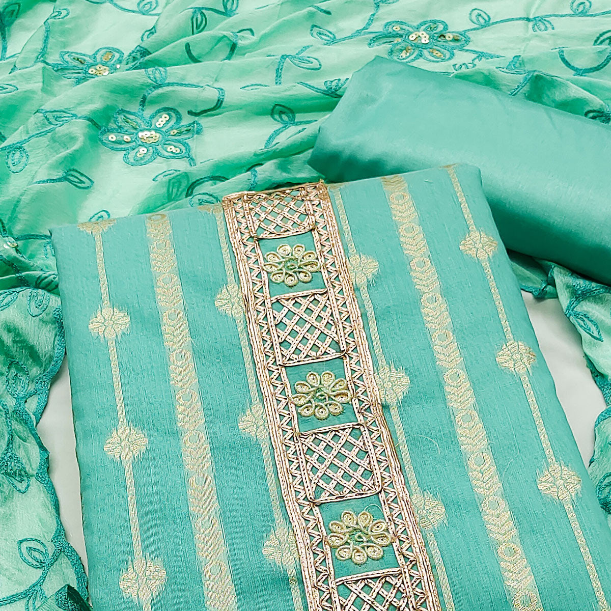 Sea Green Woven Banarasi Silk Dress Material