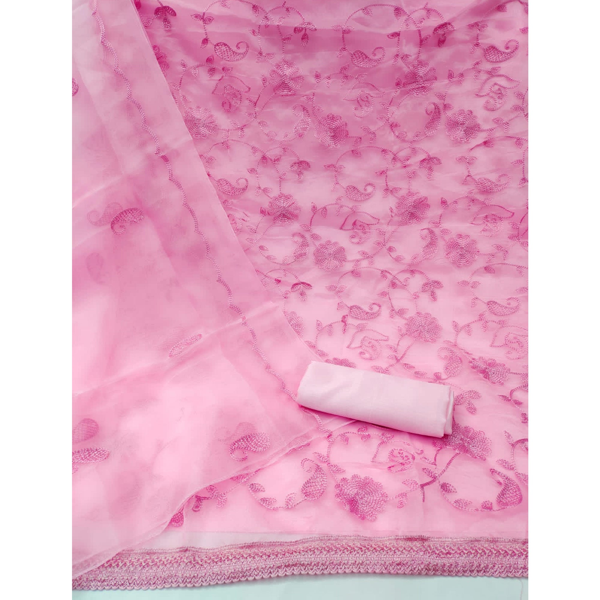 Pink Floral Embroidered Organza Dress Material