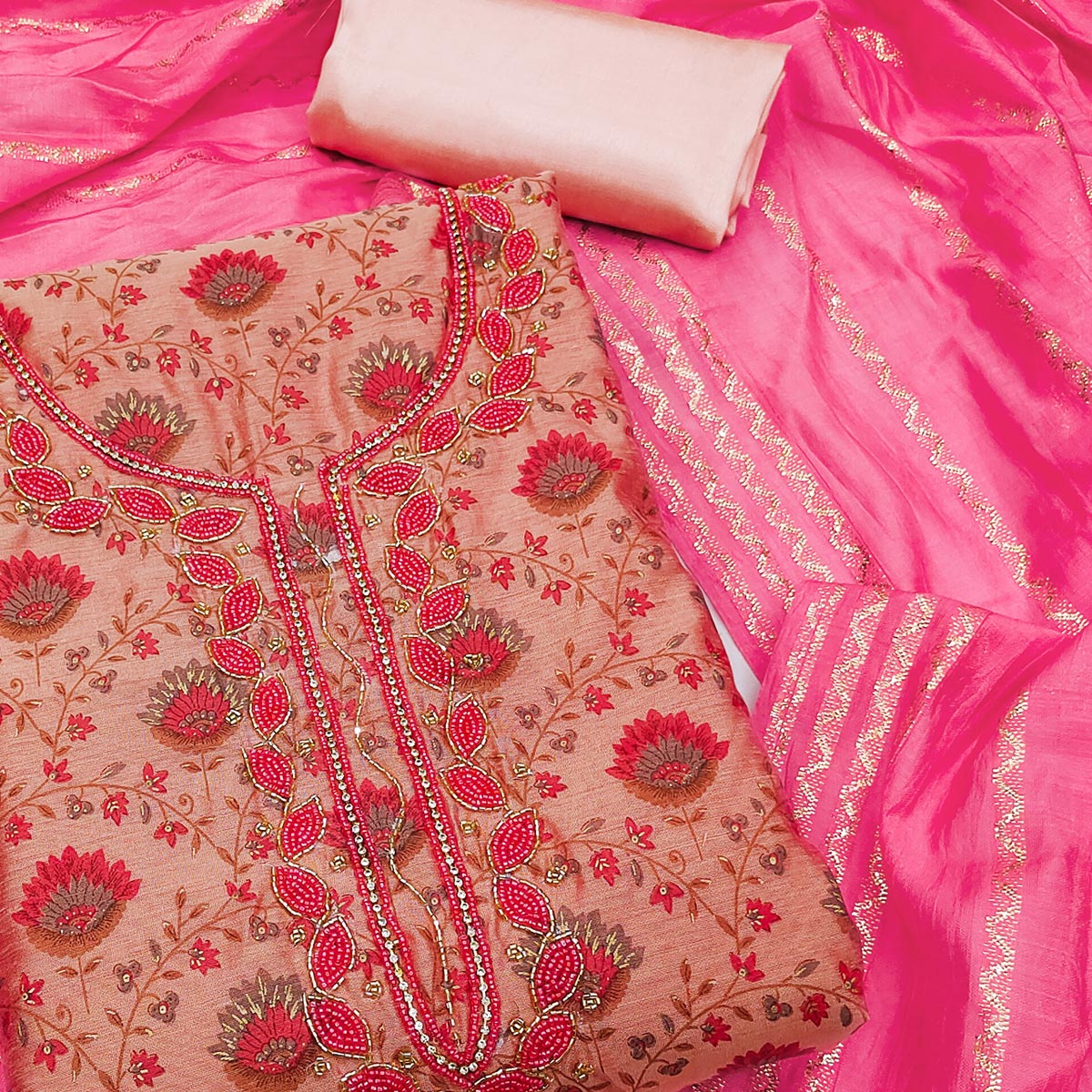 Peach Printed With Handwork Modal Dress Material