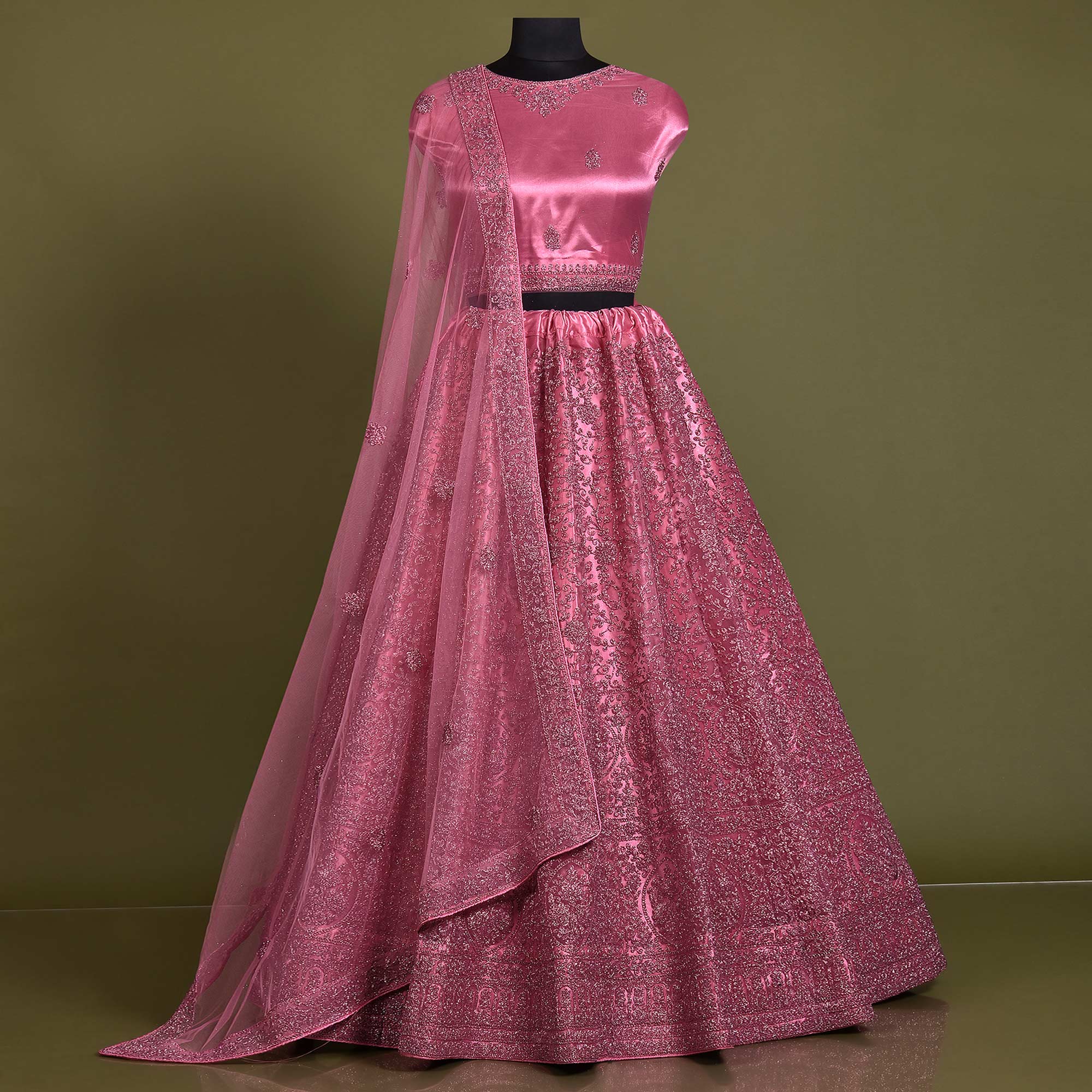 Pink Floral Embroidered Net Lehenga Choli