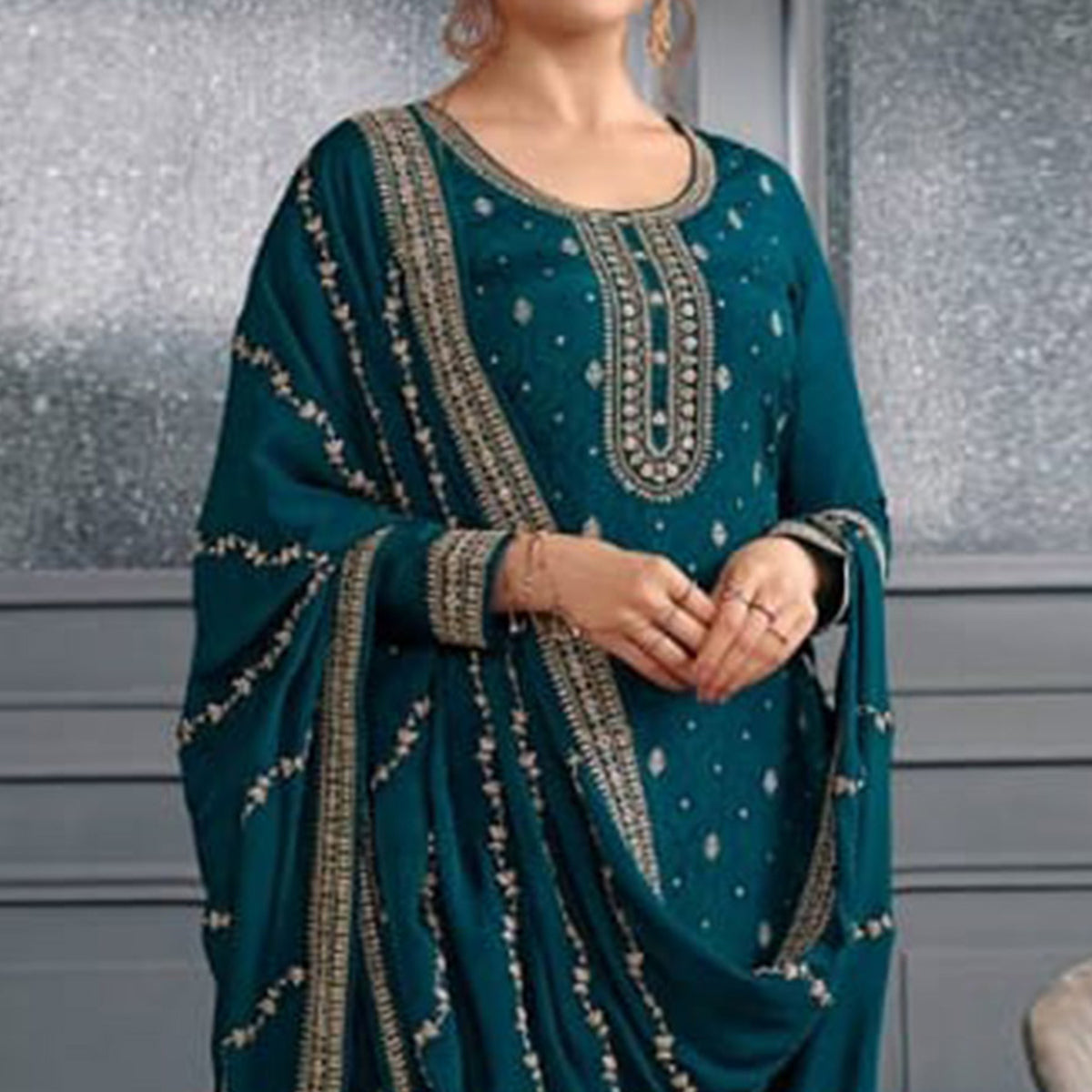 Teal Blue Woven With Sequins Embroidered Dola Silk Palazzo Suit