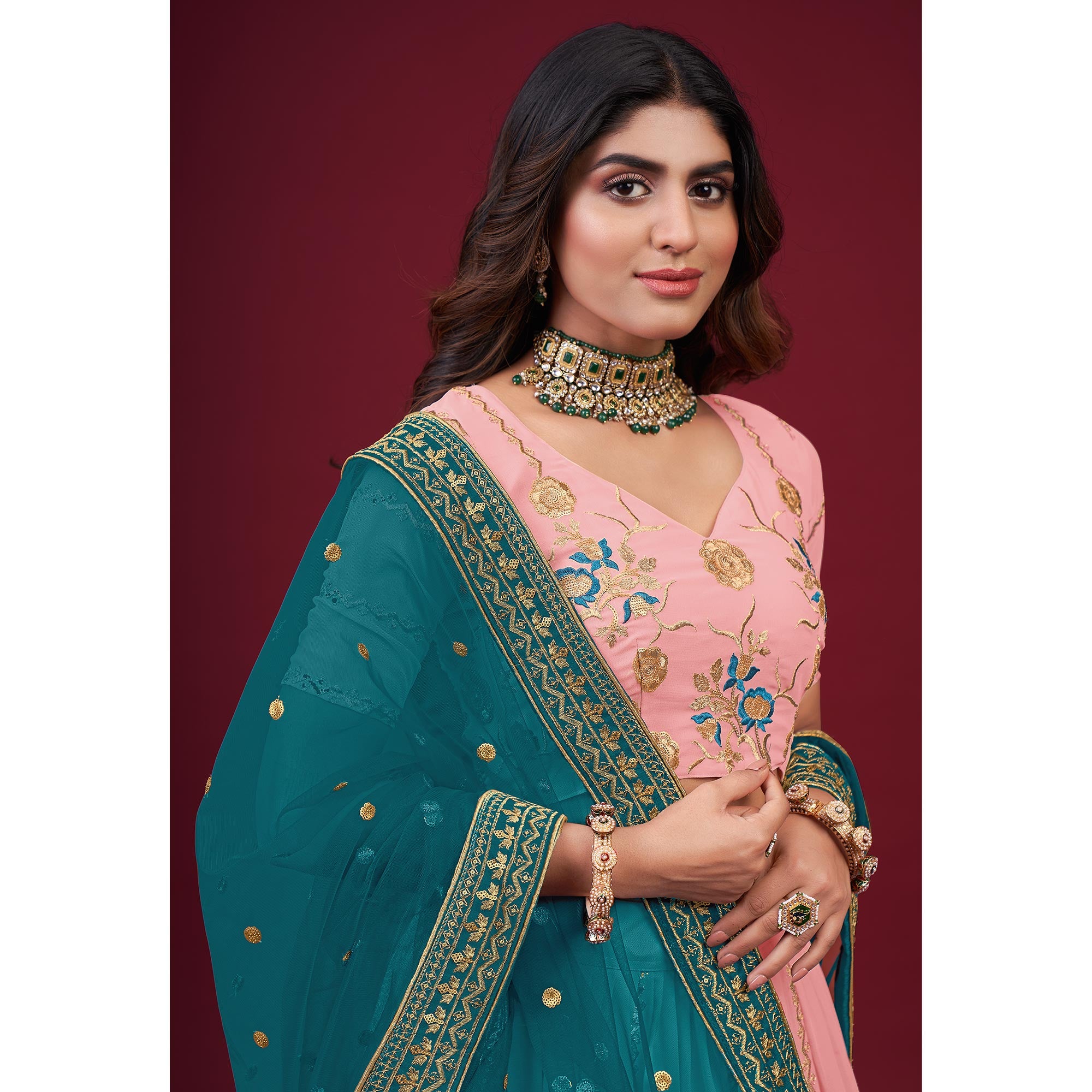 Pink Embroidered Georgette Lehenga Choli