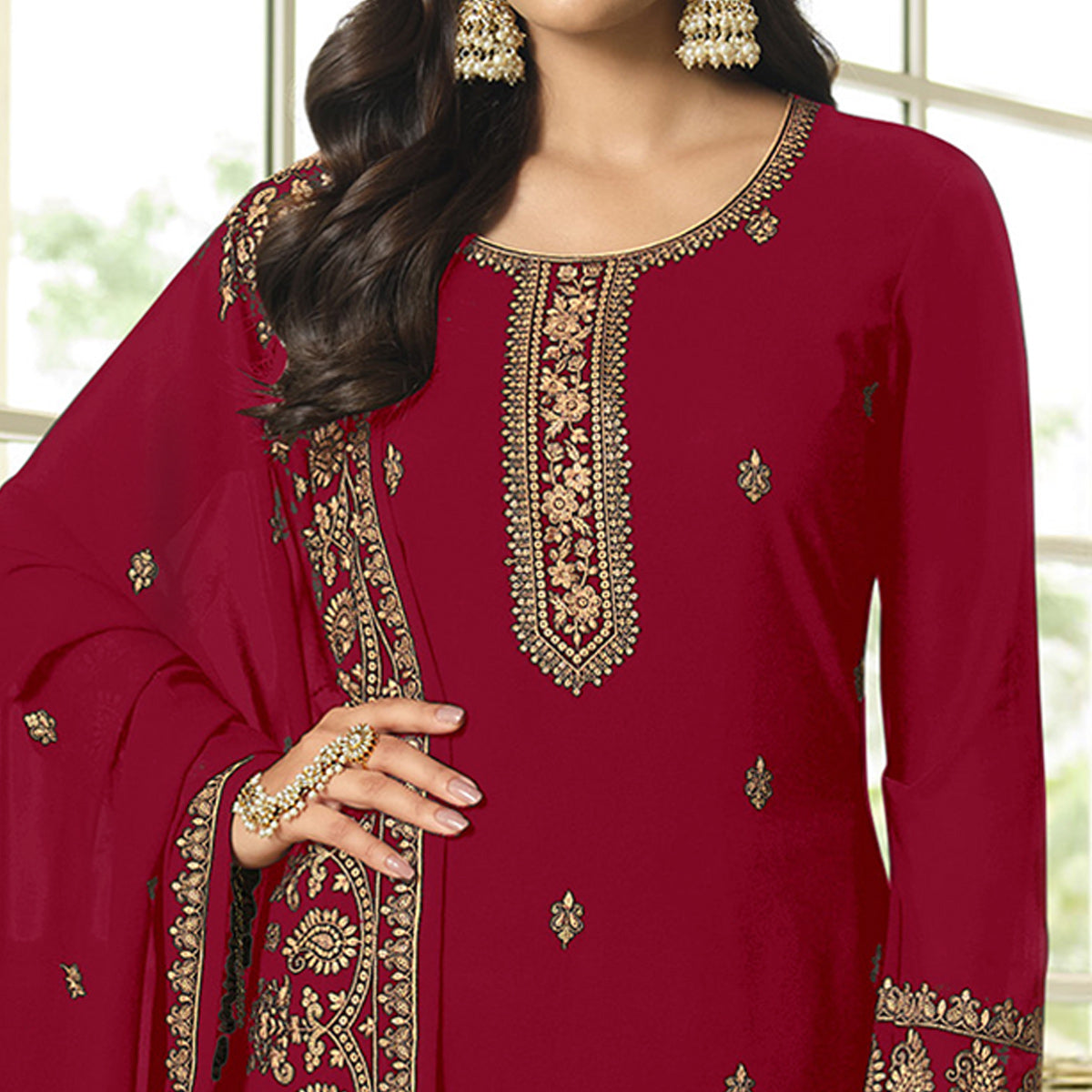 Maroon Floral Embroidered Georgette Sharara Suit