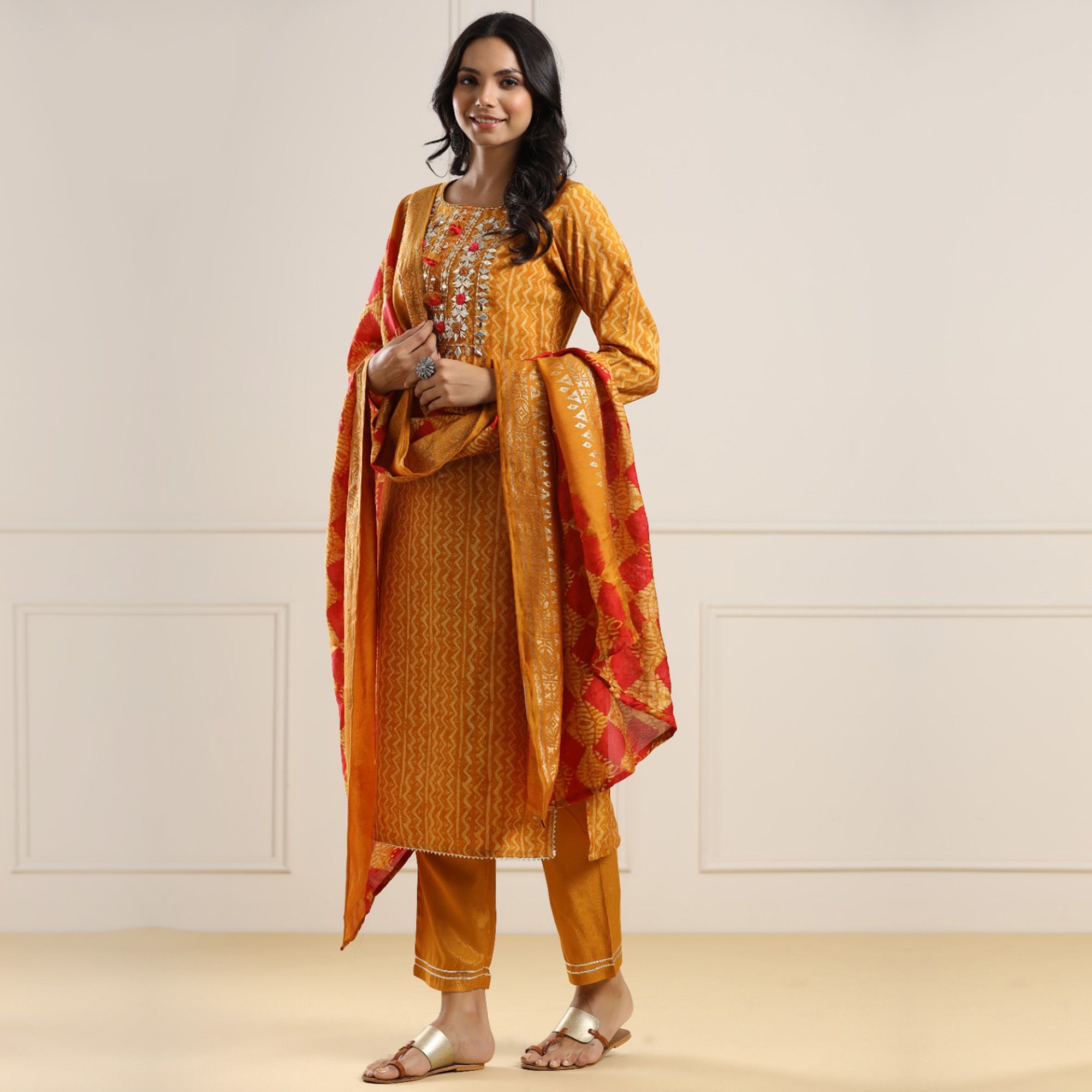 Mustard Printed With Gota Work Chanderi Salwar Suit