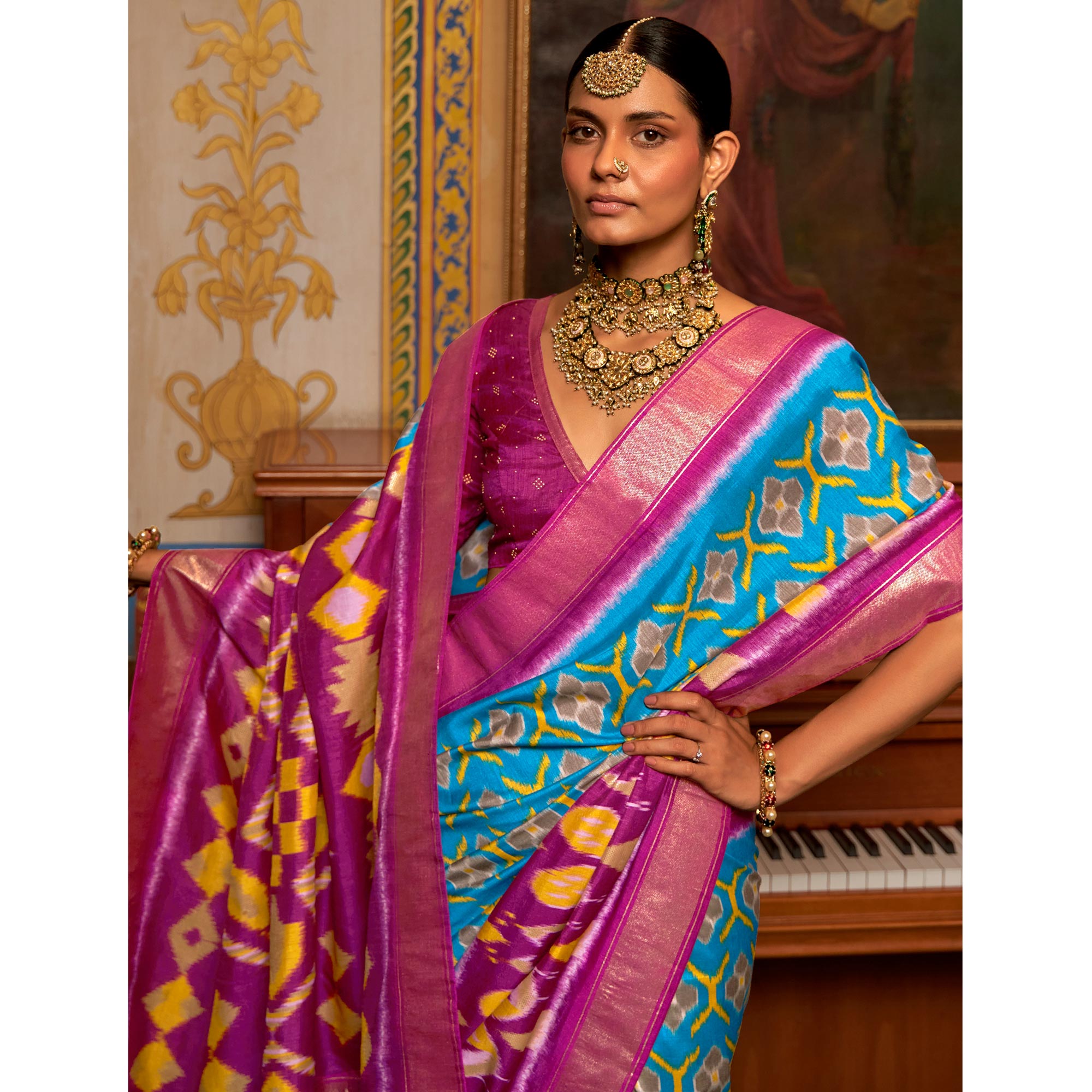 Blue & Rose Pink Printed Art Silk Saree