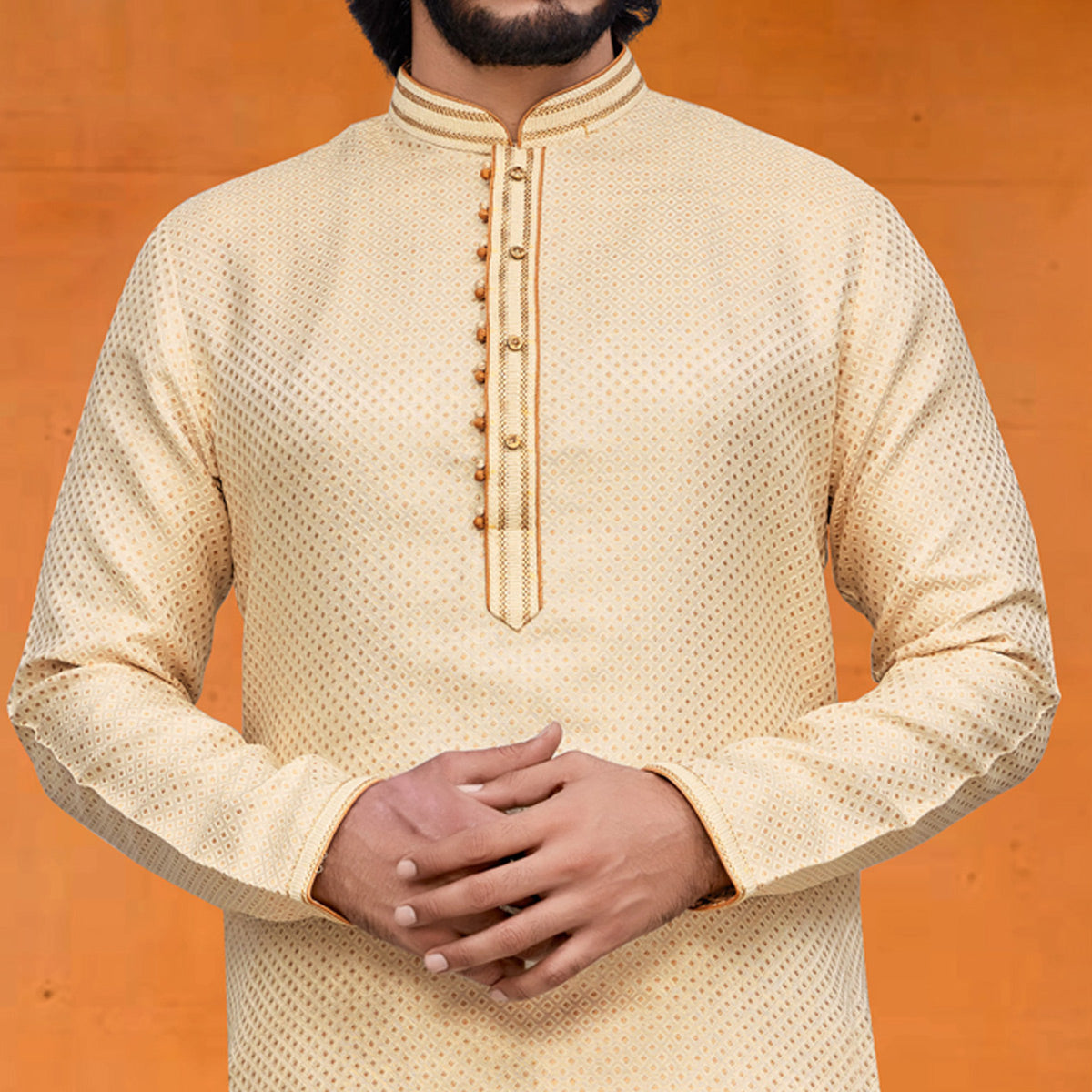 Light Yellow Woven Jacquard Kurta Pyjama Set