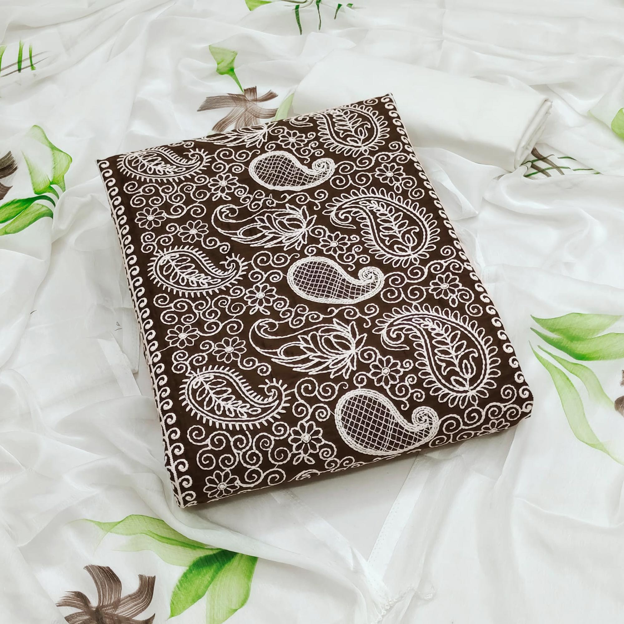 Brown Embroidered Cotton Blend Dress Material