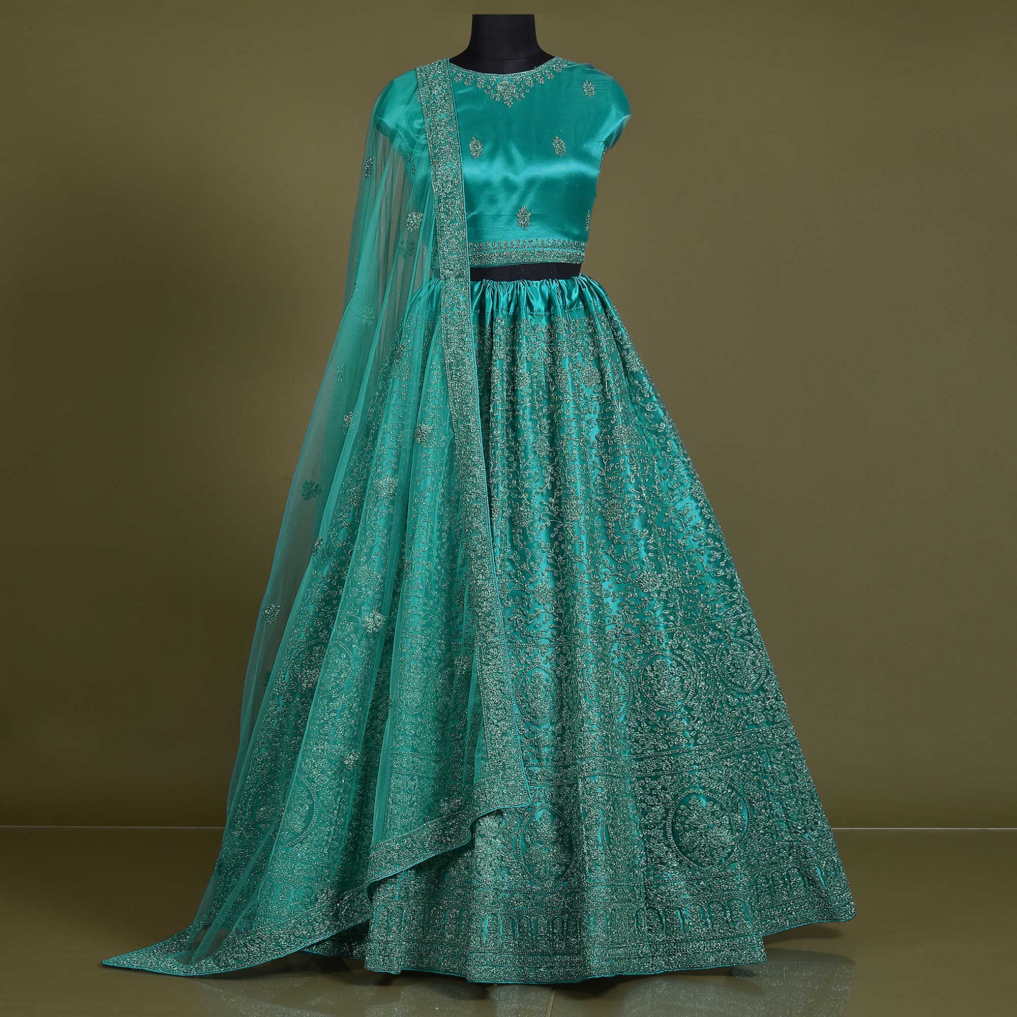 Turquoise Floral Embroidered Net Lehenga Choli