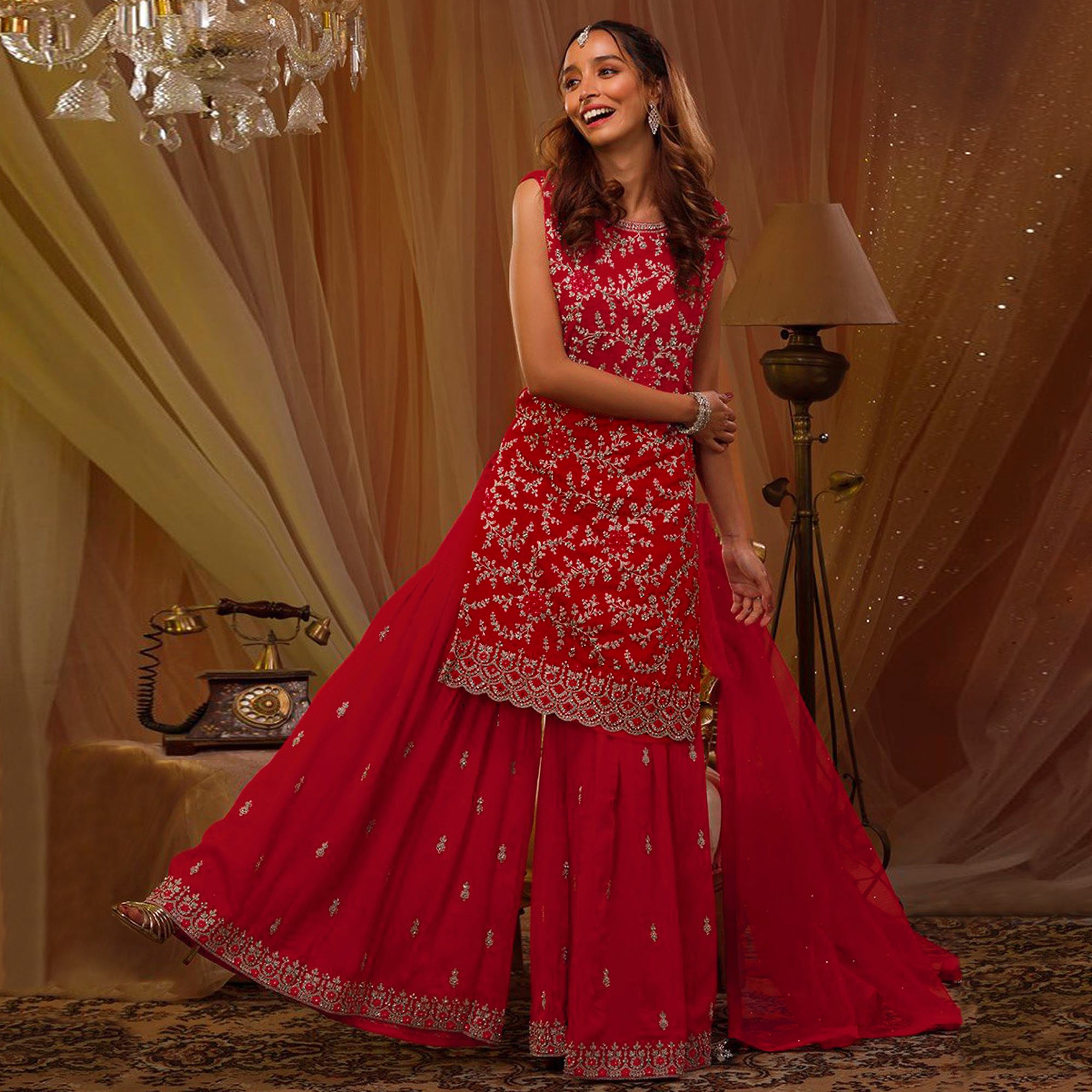 Red Floral Embroidered Georgette Semi Stitched Sharara Suit