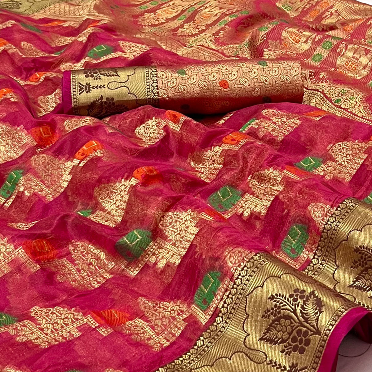 Rani Pink Woven Organza Saree