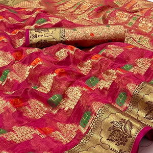 Rani Pink Woven Organza Saree