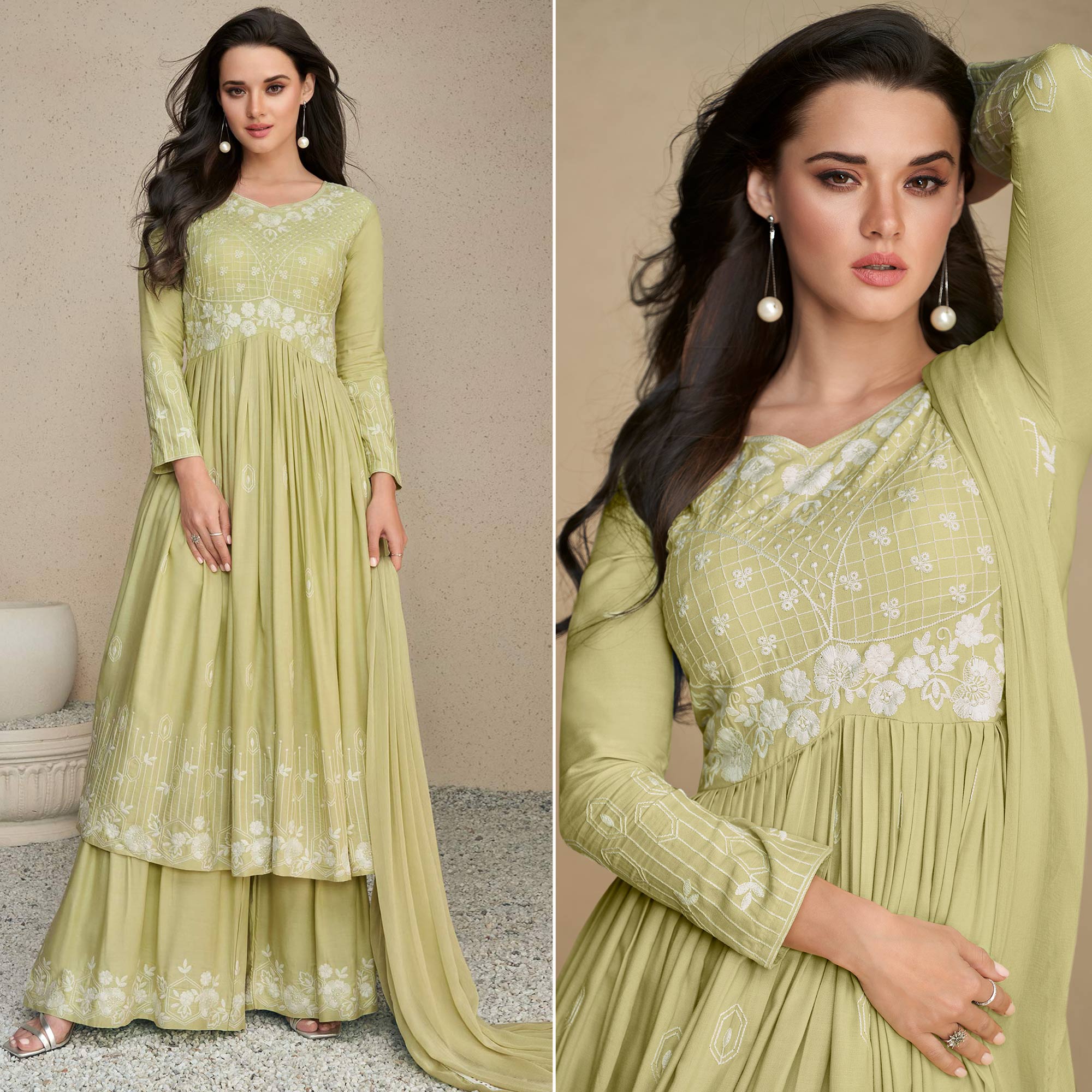 Pista Green Lucknowi Embroidered Rayon Palazzo Suit