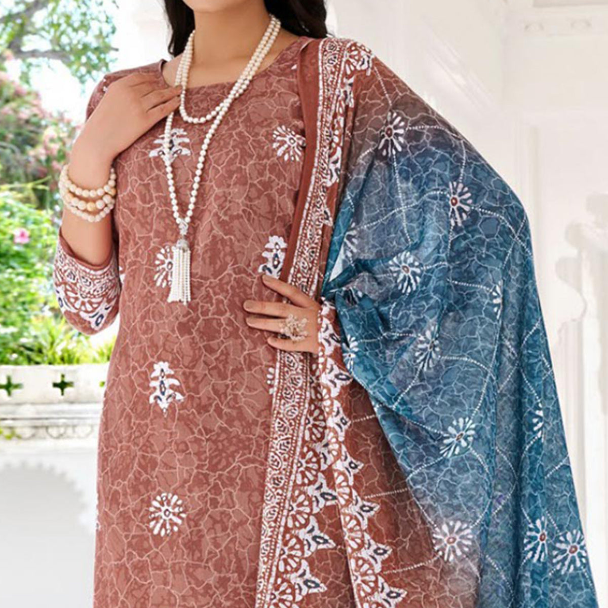 Brown Digital Printed With Mirror Work Pure Cotton Suit