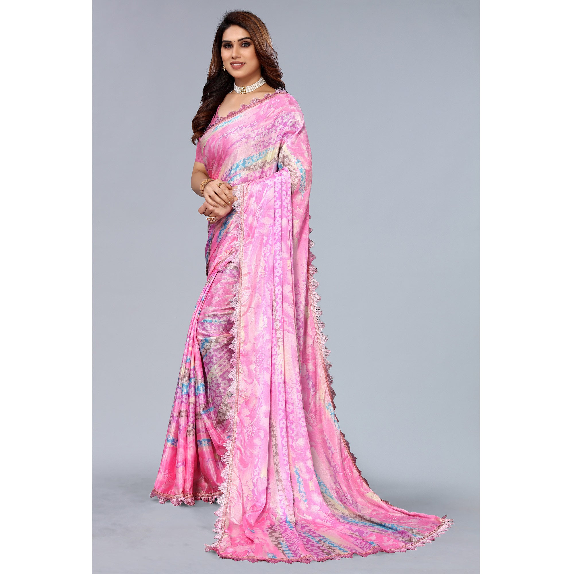 Pink Floral Printed Art Silk Saree With Crochet Border