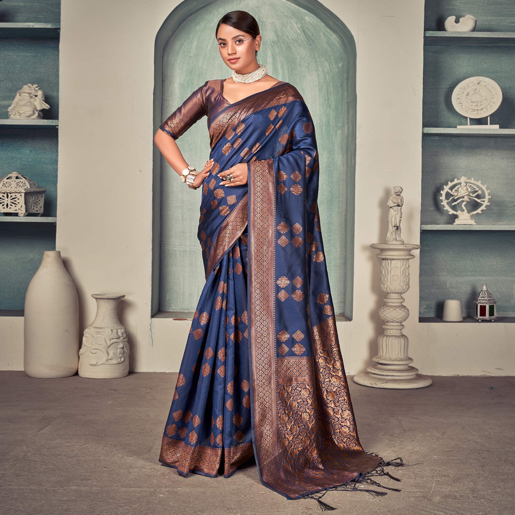 Navy Blue Woven Art Silk Saree With Tassels