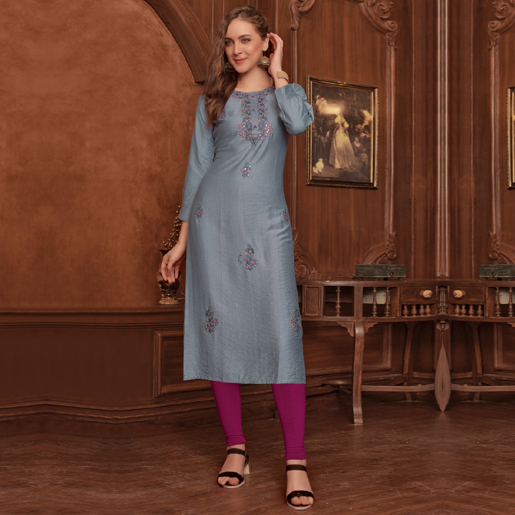 Grey Floral Embroidered Rayon Kurti