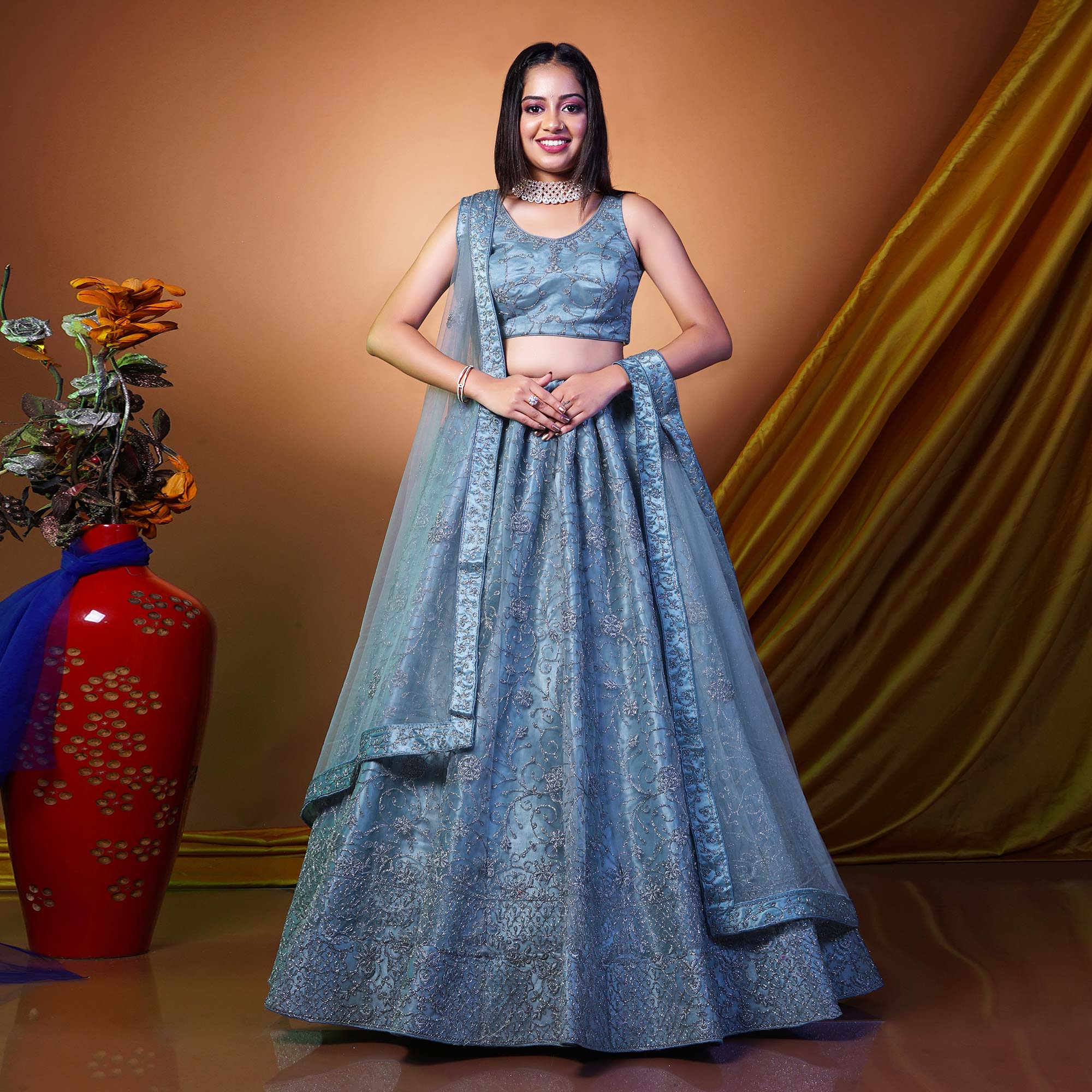 Grey Floral Embroidered Net Lehenga Choli