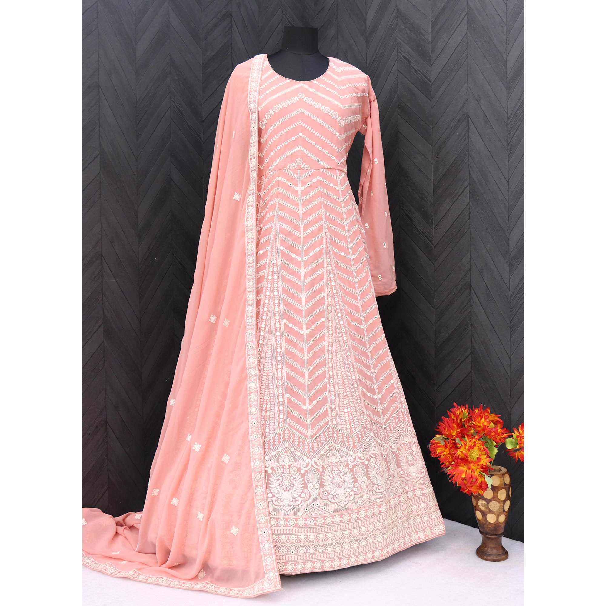 Peach Sequins Embroidered Georgette Semi Stitched Anarkali Suit