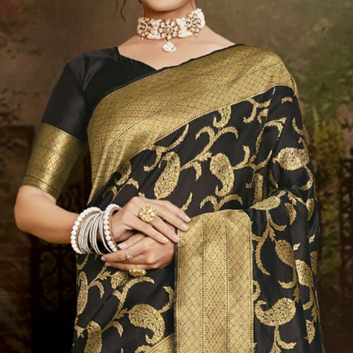Black Woven Banarasi Silk Saree With Tassels